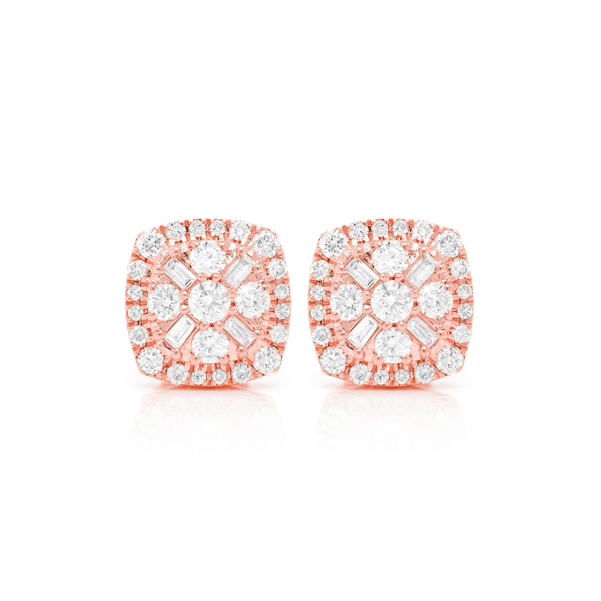 Baguette Flower Diamond Studs in 14K rose gold, front view