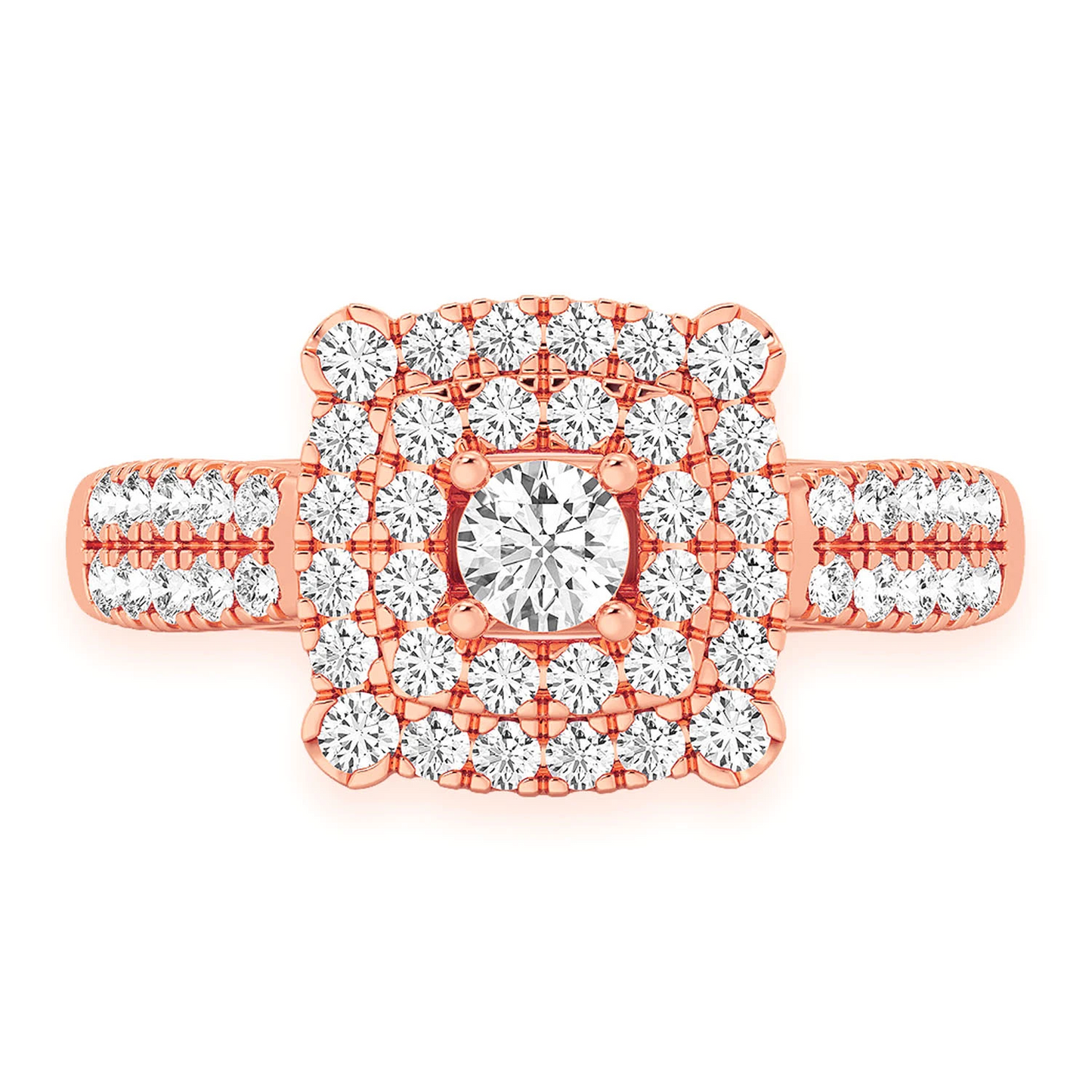 Square Double Halo Diamond Ring in 14K rose gold, front view