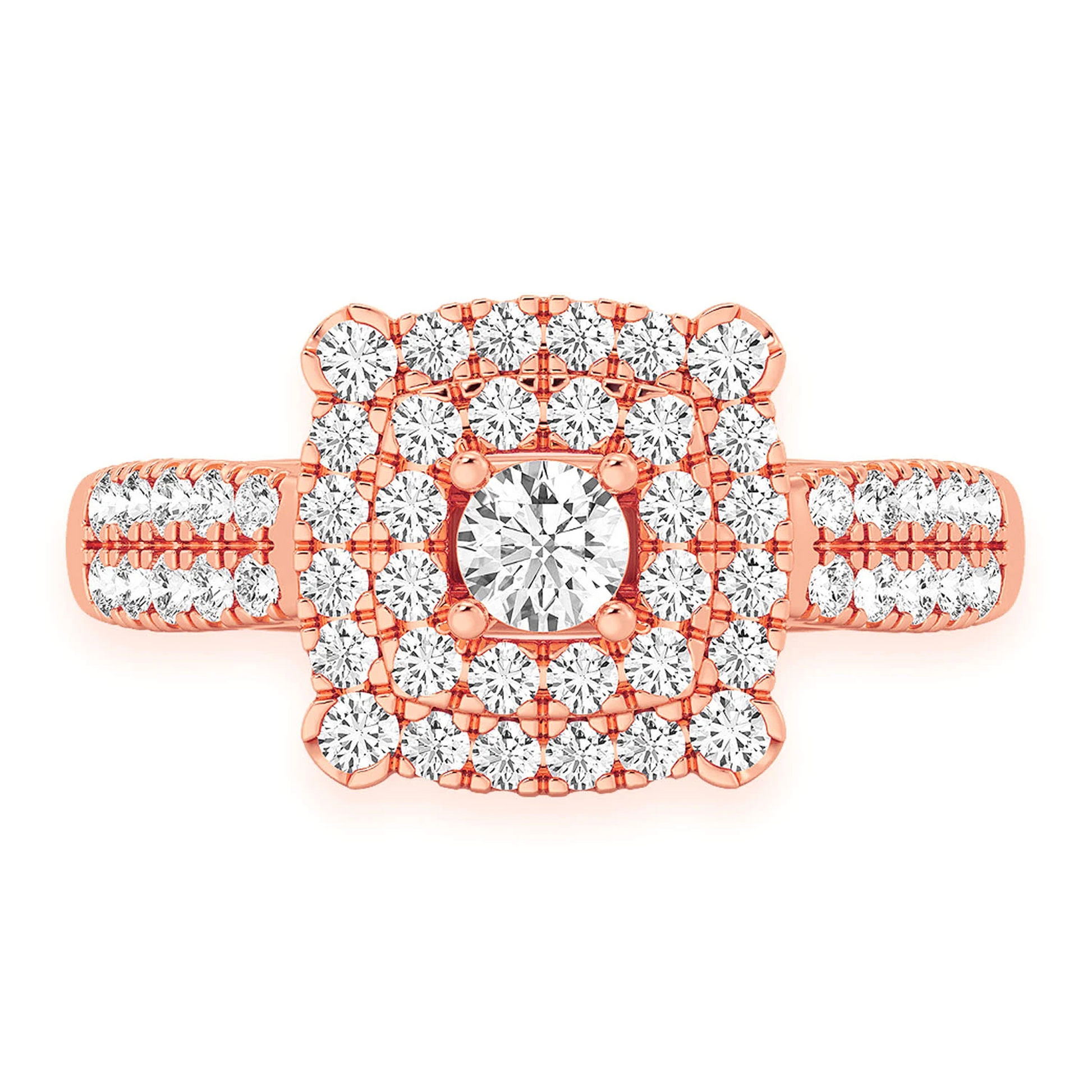 Square Double Halo Diamond Ring in 14K rose gold, front view