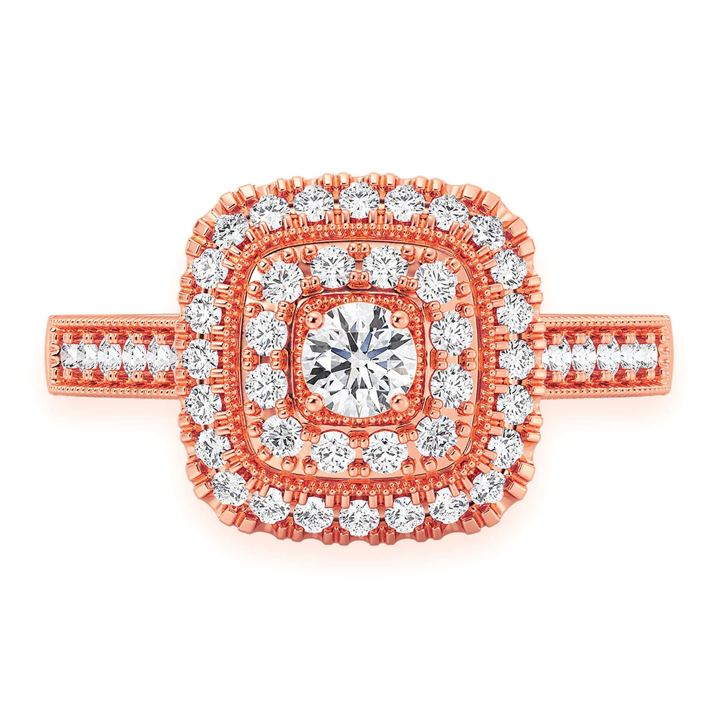 Two Tier Cushion Halo Diamond Ring in 14K rose gold, front view