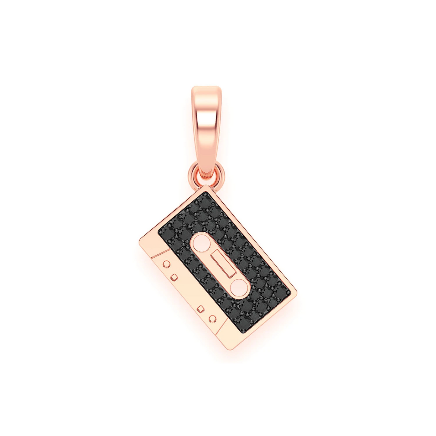 Music Cassette Diamond Pendant in 14K rose gold, Black, front view