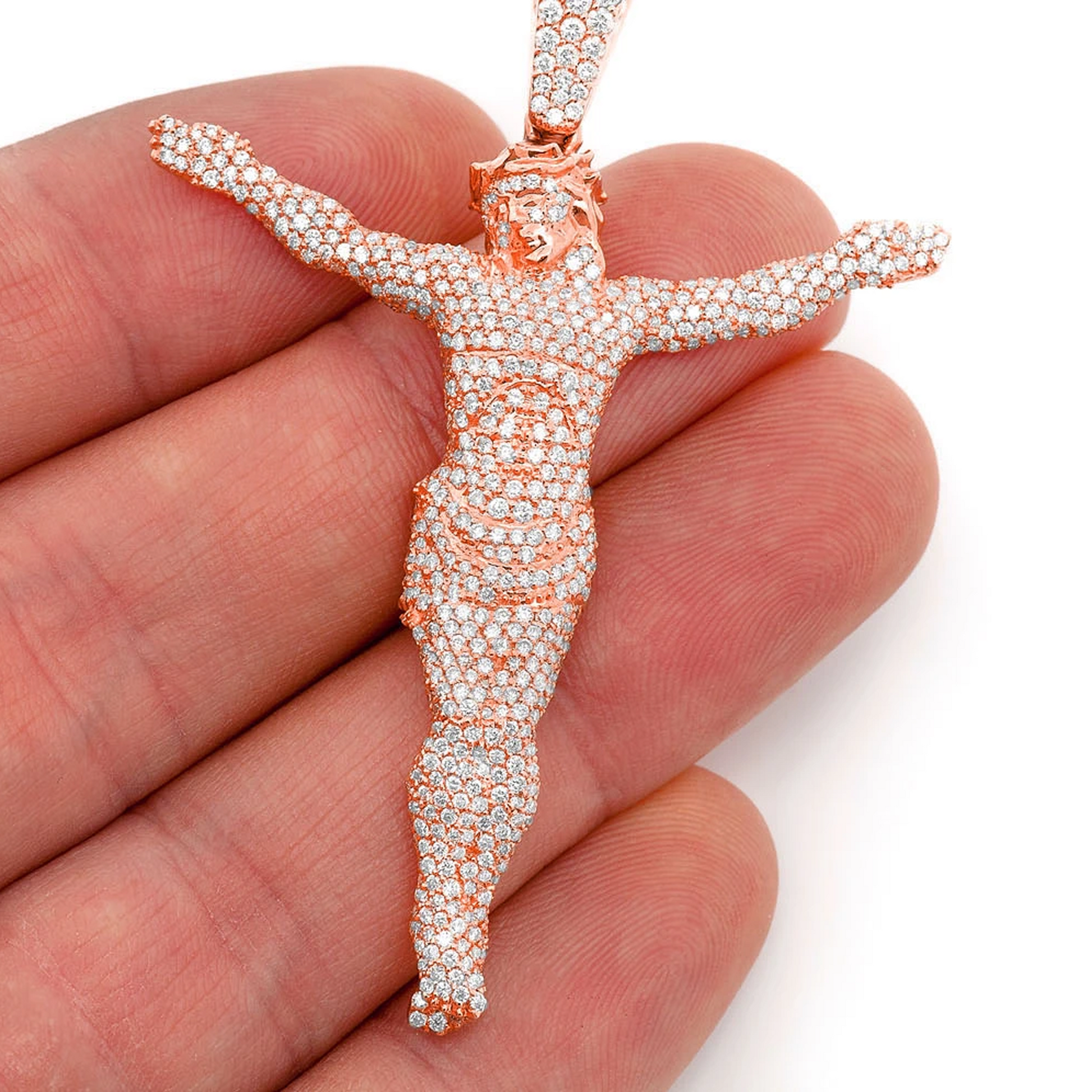 Jesus Crucifix Diamond Pendant in 14K rose gold, Statement | 3.30ctw | Iced Out, angled view