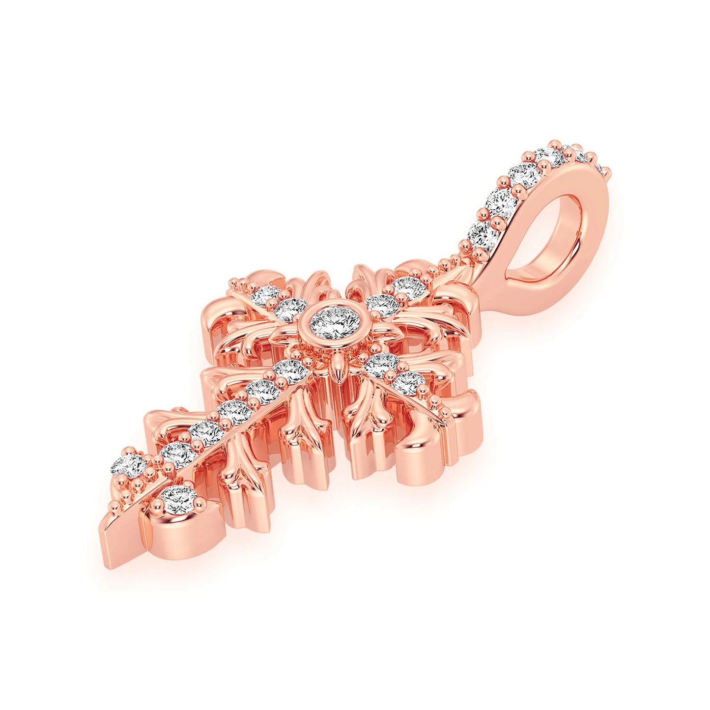 Filigree Diamond Cross Pendant in 14K rose gold, Signature | 0.10ctw, detail view