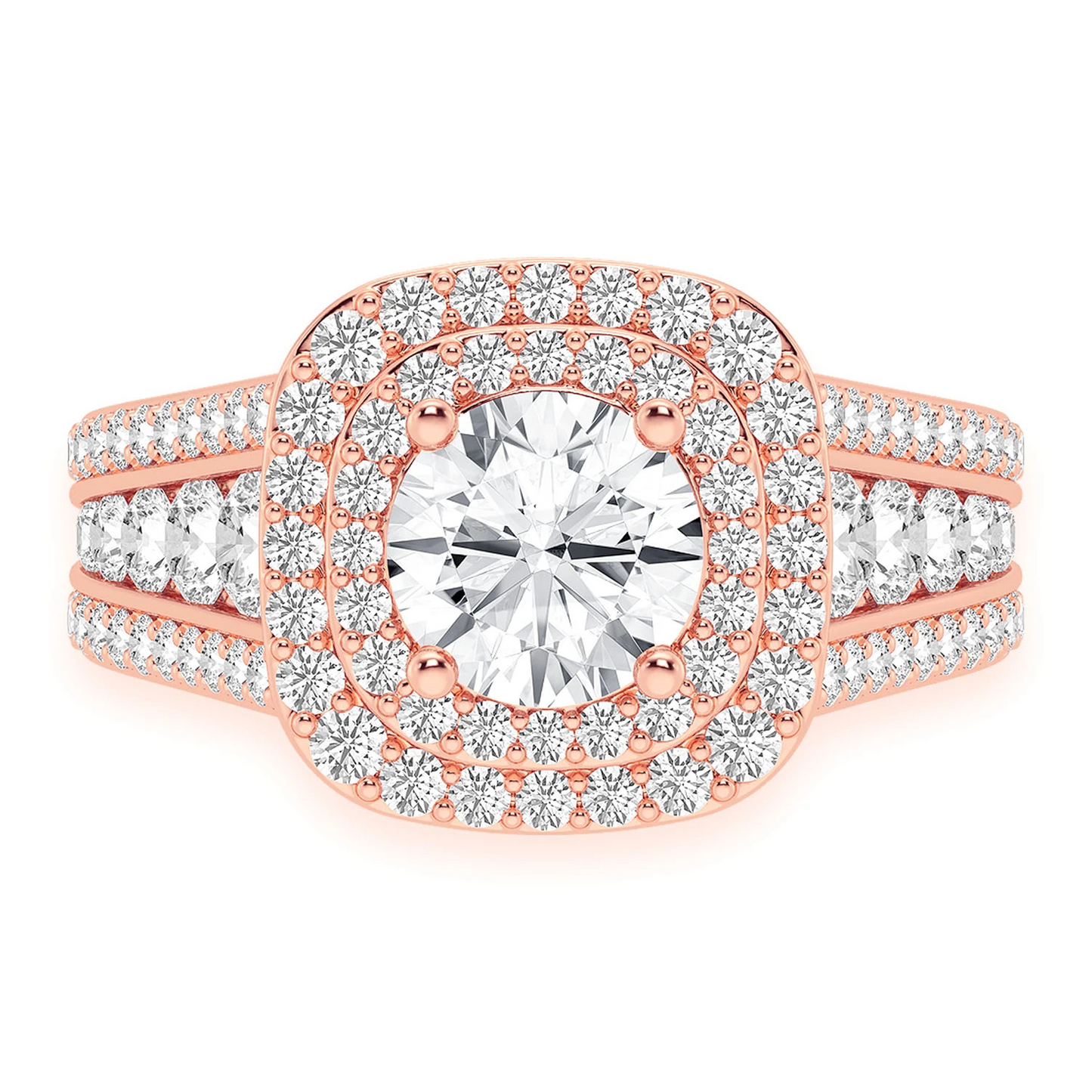 Fancy Three Row Double Halo Diamond Ring in 14K rose gold, front view