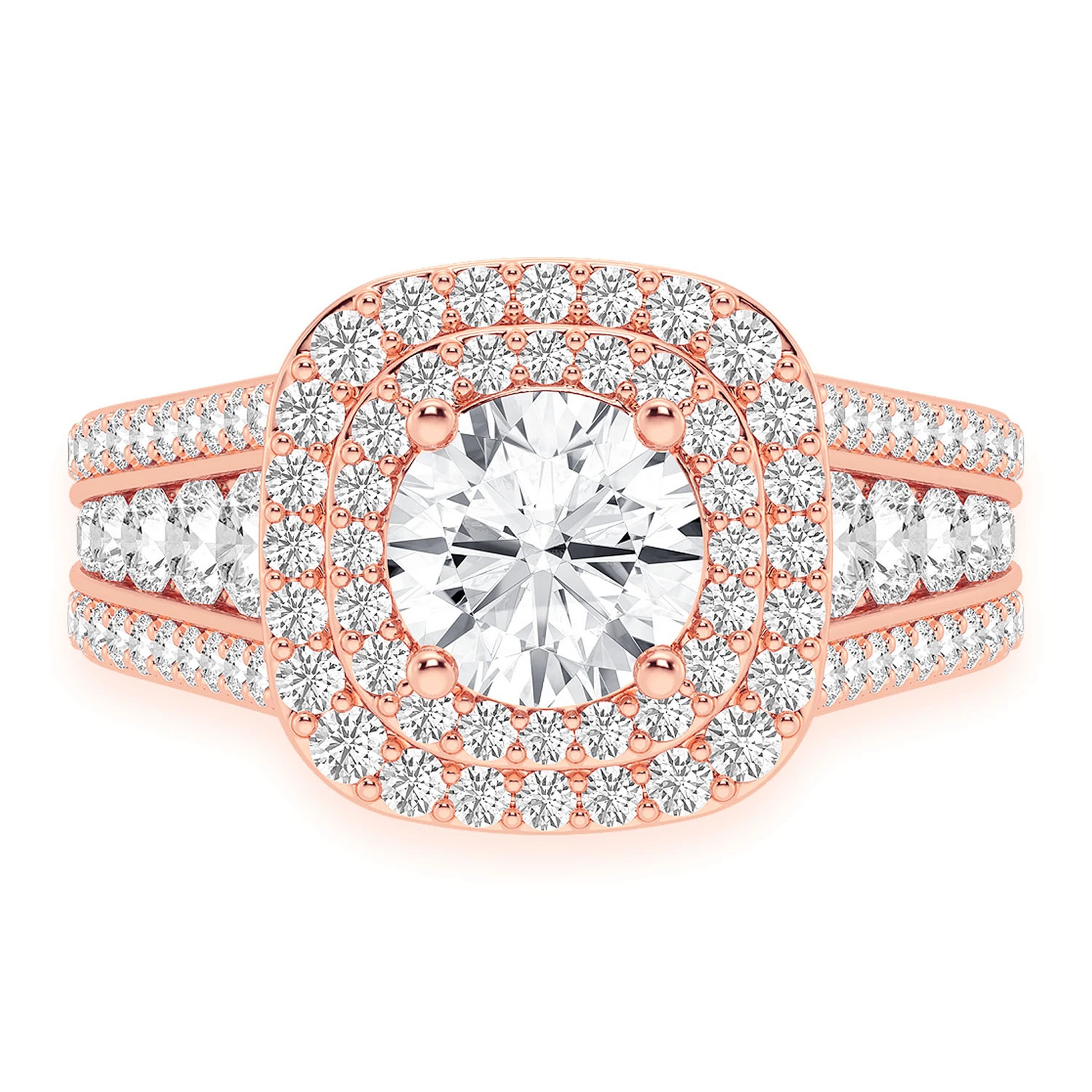 Fancy Three Row Double Halo Diamond Ring in 14K rose gold, front view