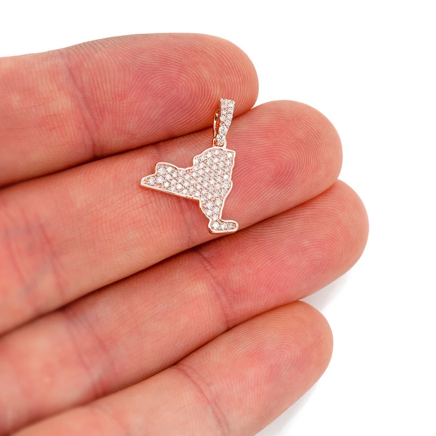 US State Diamond Pendant in 14K rose gold, New York design, angled view