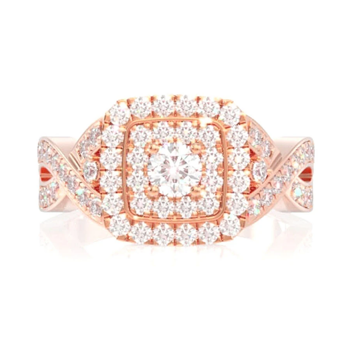 Twisted Shank Double Square Halo Ring in 14K rose gold, front view