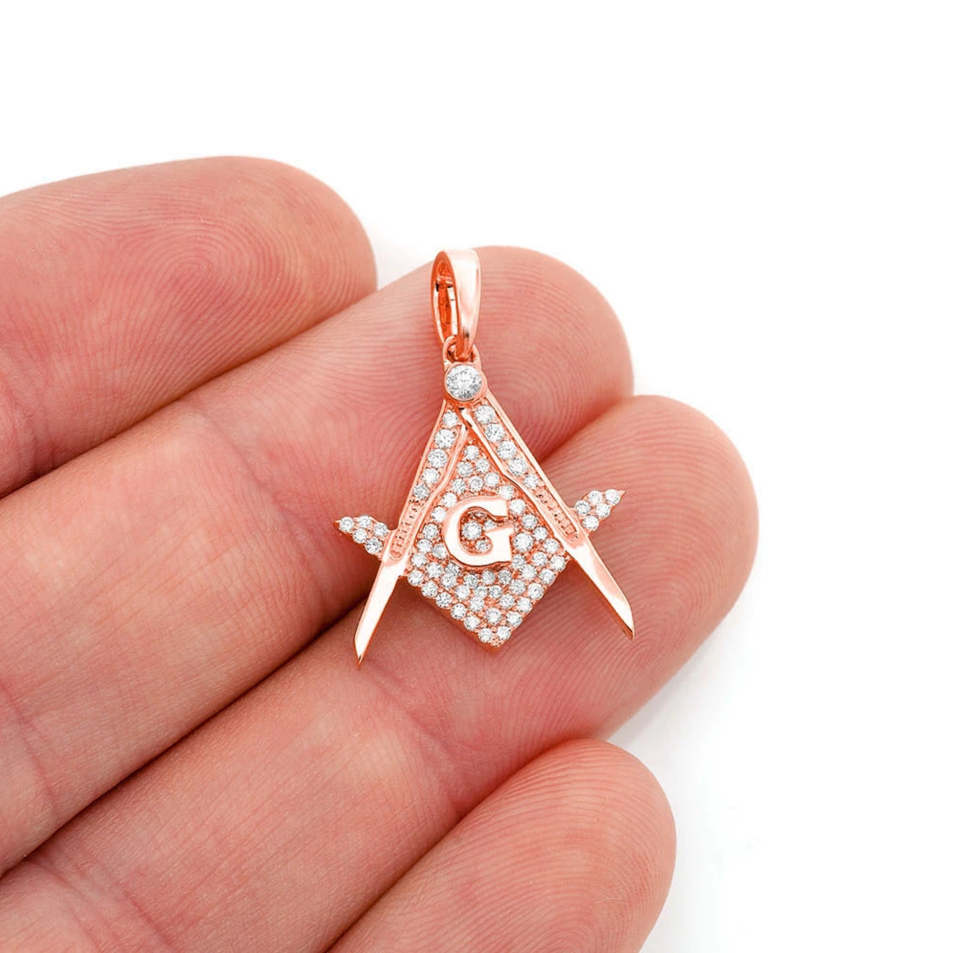 Masonic G Diamond Pendant in 14K rose gold, angled view