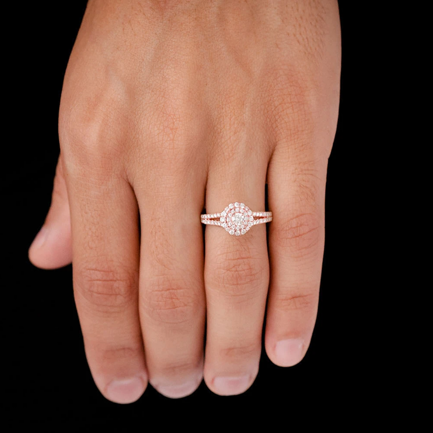 Split Shank Round Double Halo Ring in 14K rose gold, worn view