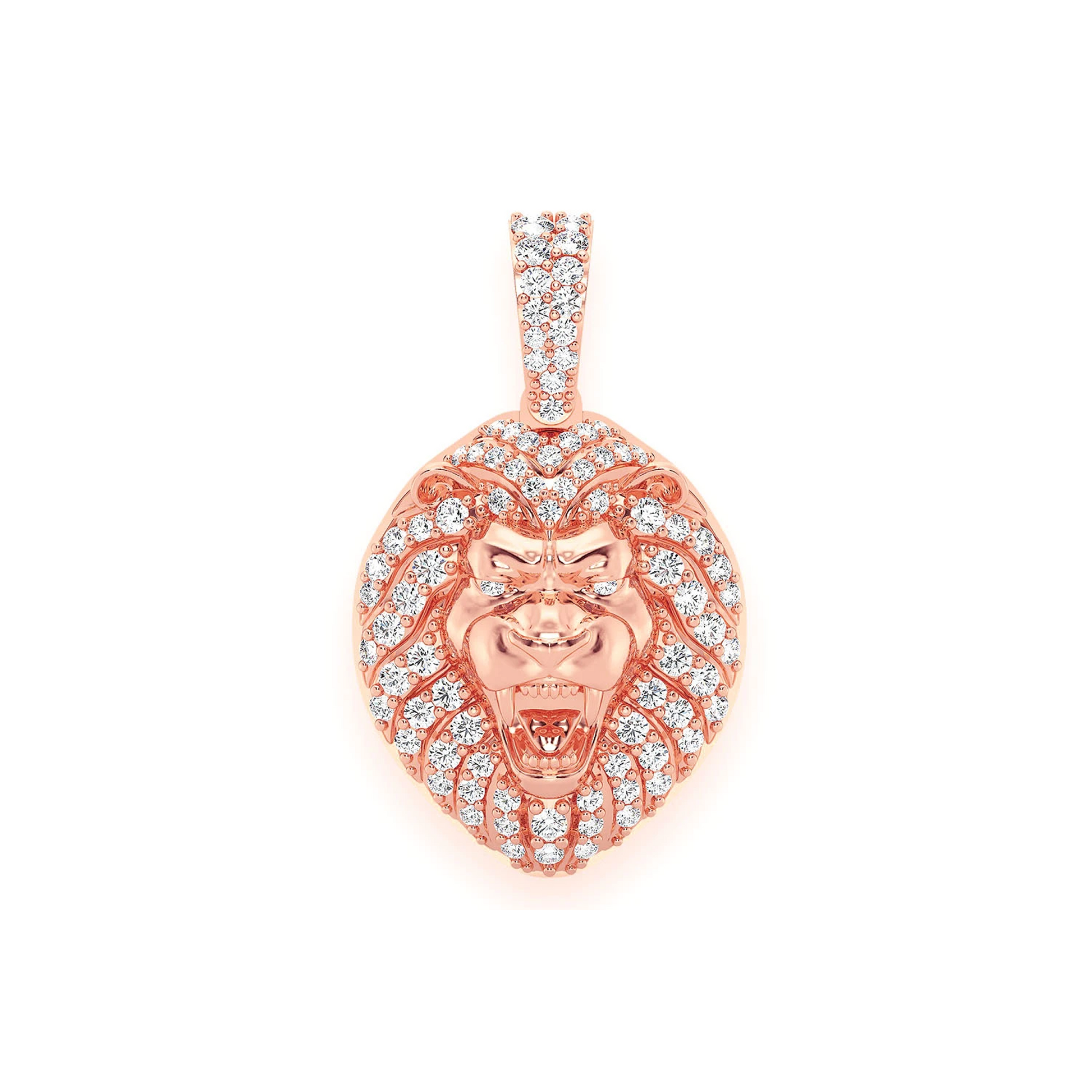 Lion Head Diamond Pendant in 14K rose gold, Set | 0.50ctw, front view