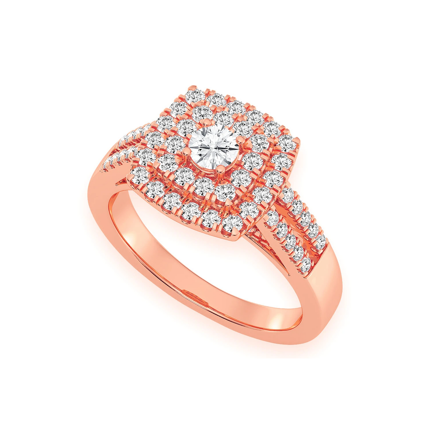 Princess Cut Double Halo Split Shank Ring in 14K rose gold, angled view