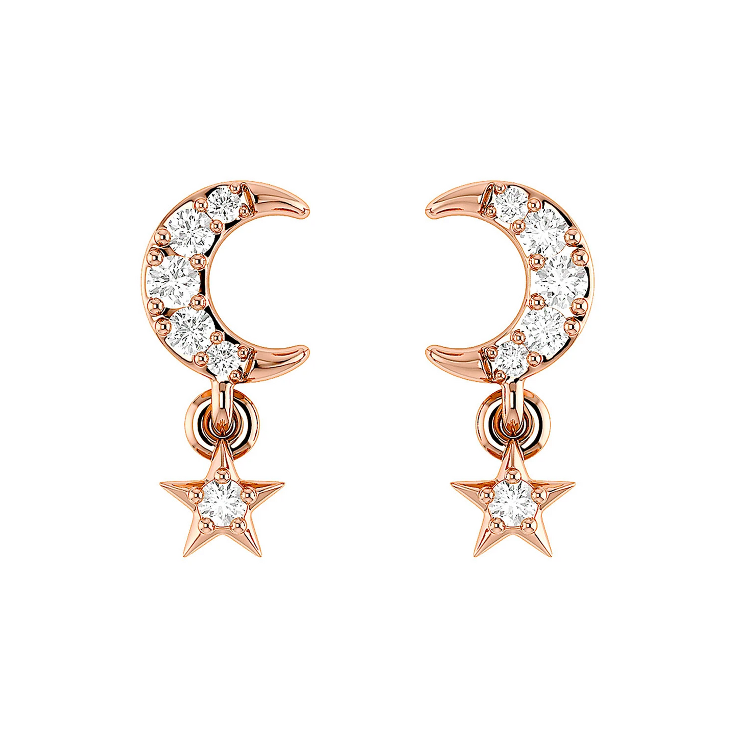Moon & Star Diamond Drops in 14K rose gold, front view