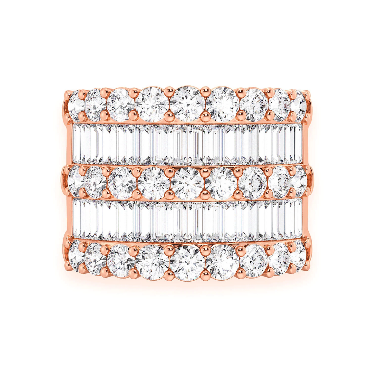 Three Row Round & Baguette Ring in 14K rose gold, front view