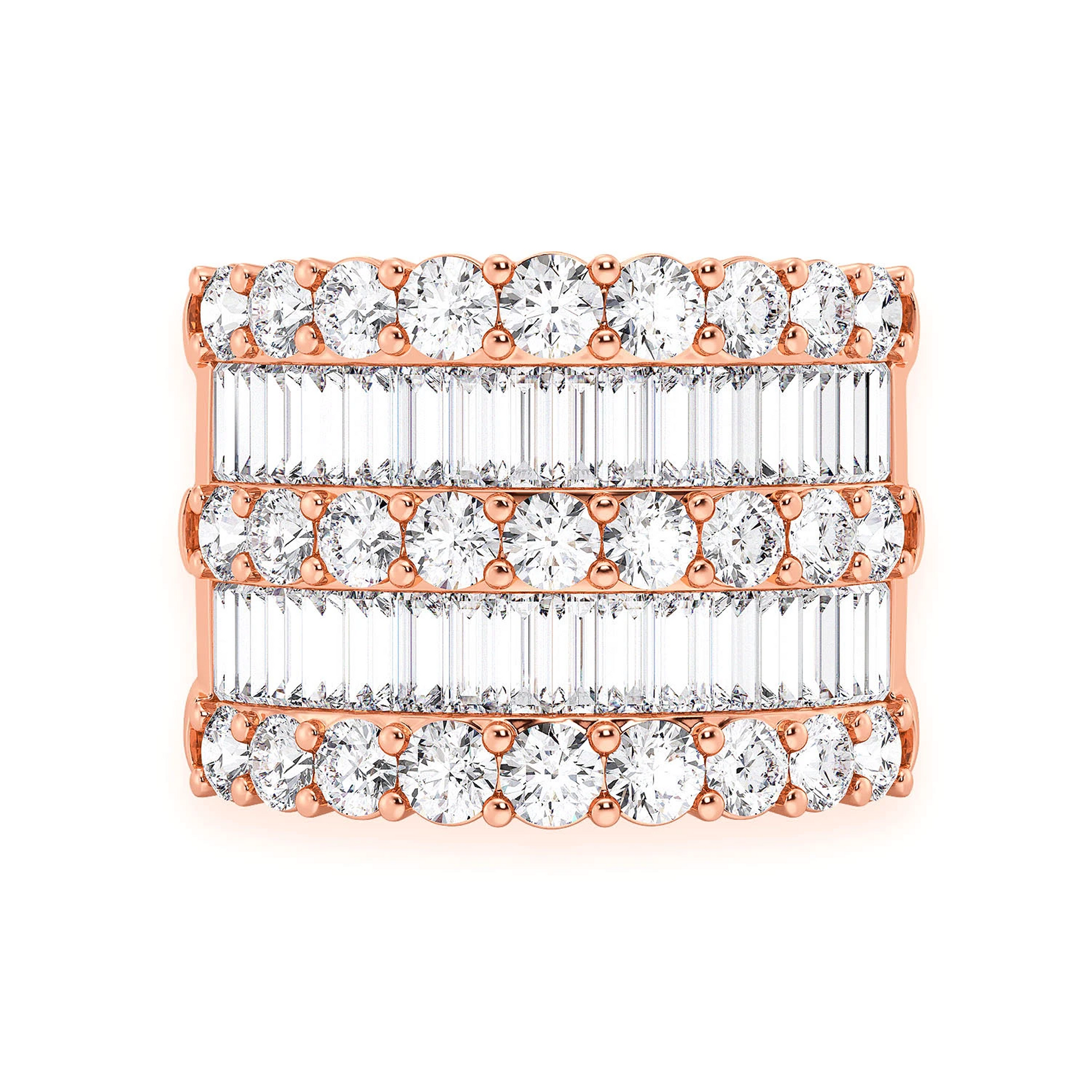 Three Row Round & Baguette Ring in 14K rose gold, front view
