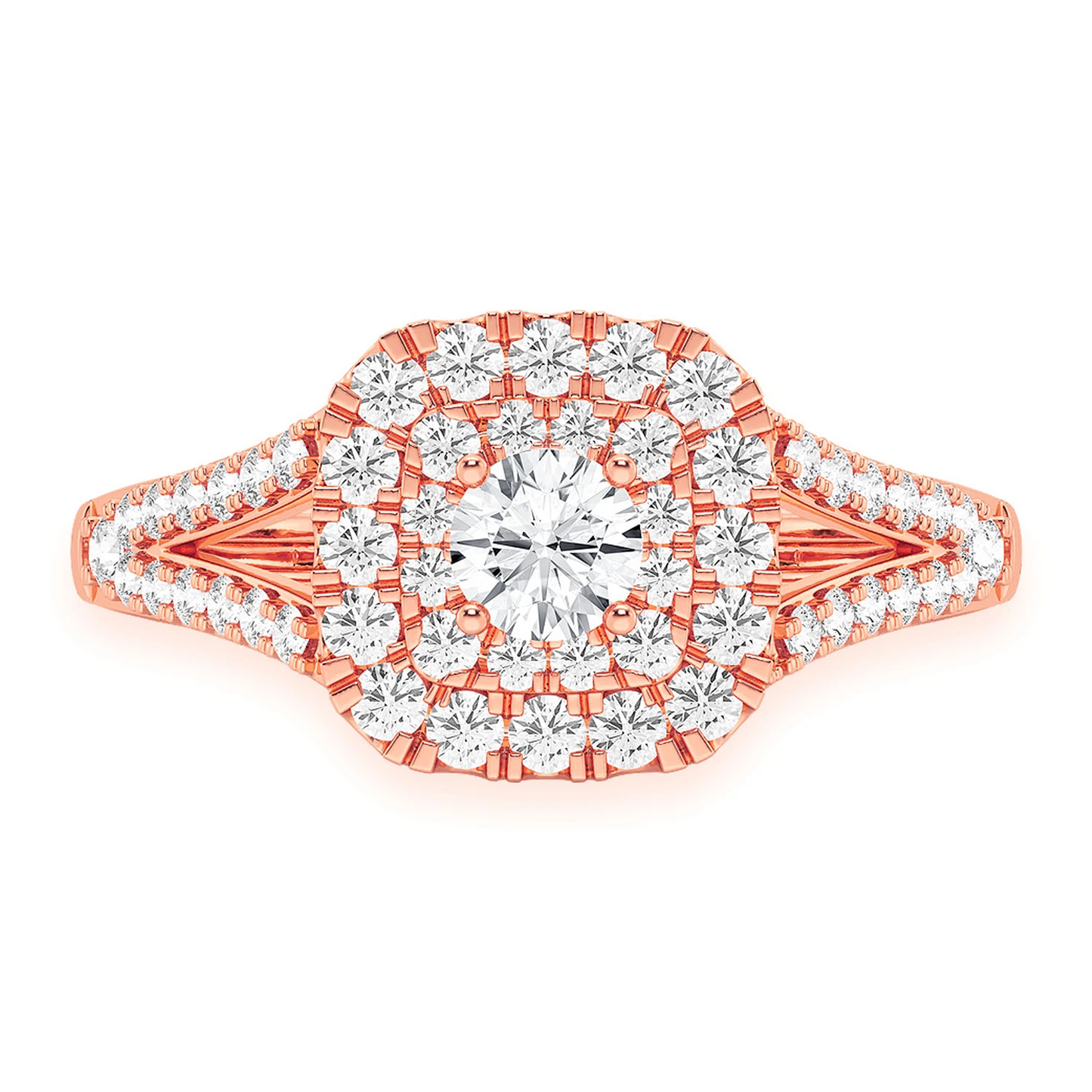 Cushion Double Halo Diamond Ring in 14K rose gold, front view