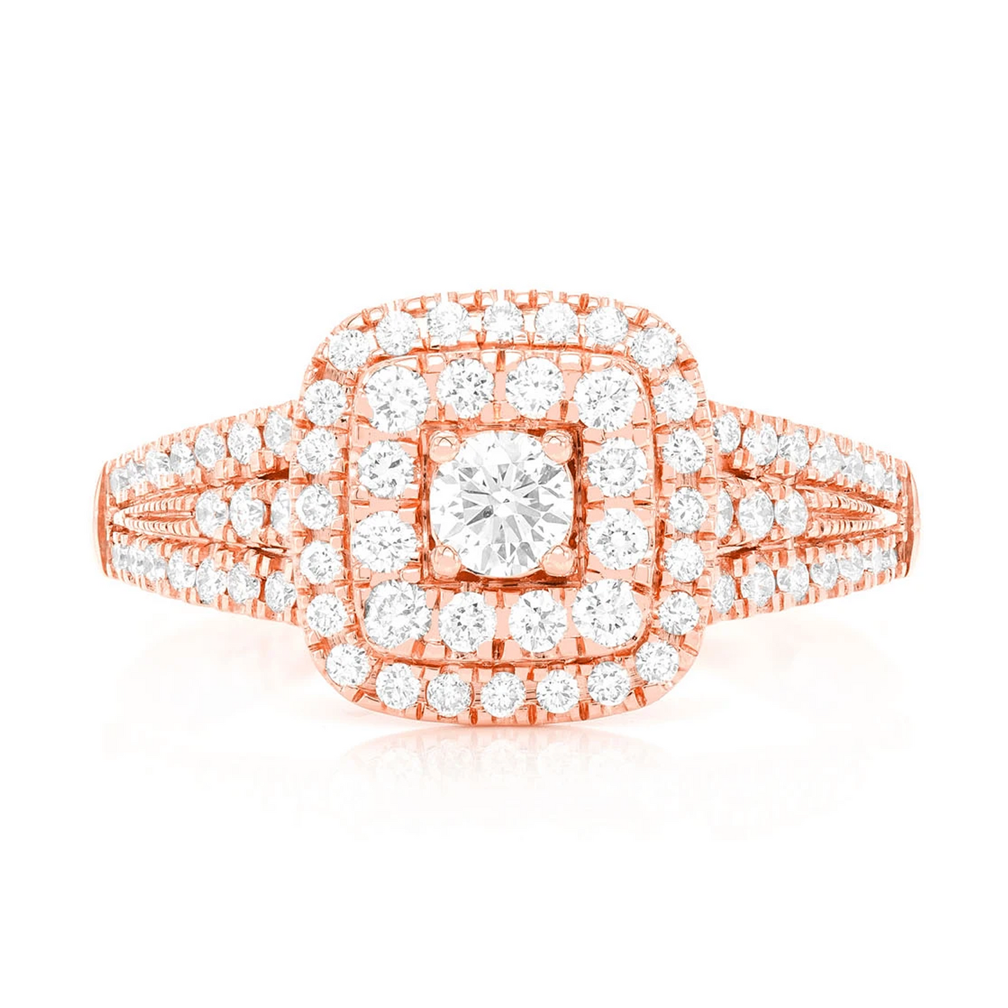 Classic Two Tier Cushion Halo Diamond Ring in 14K rose gold, front view