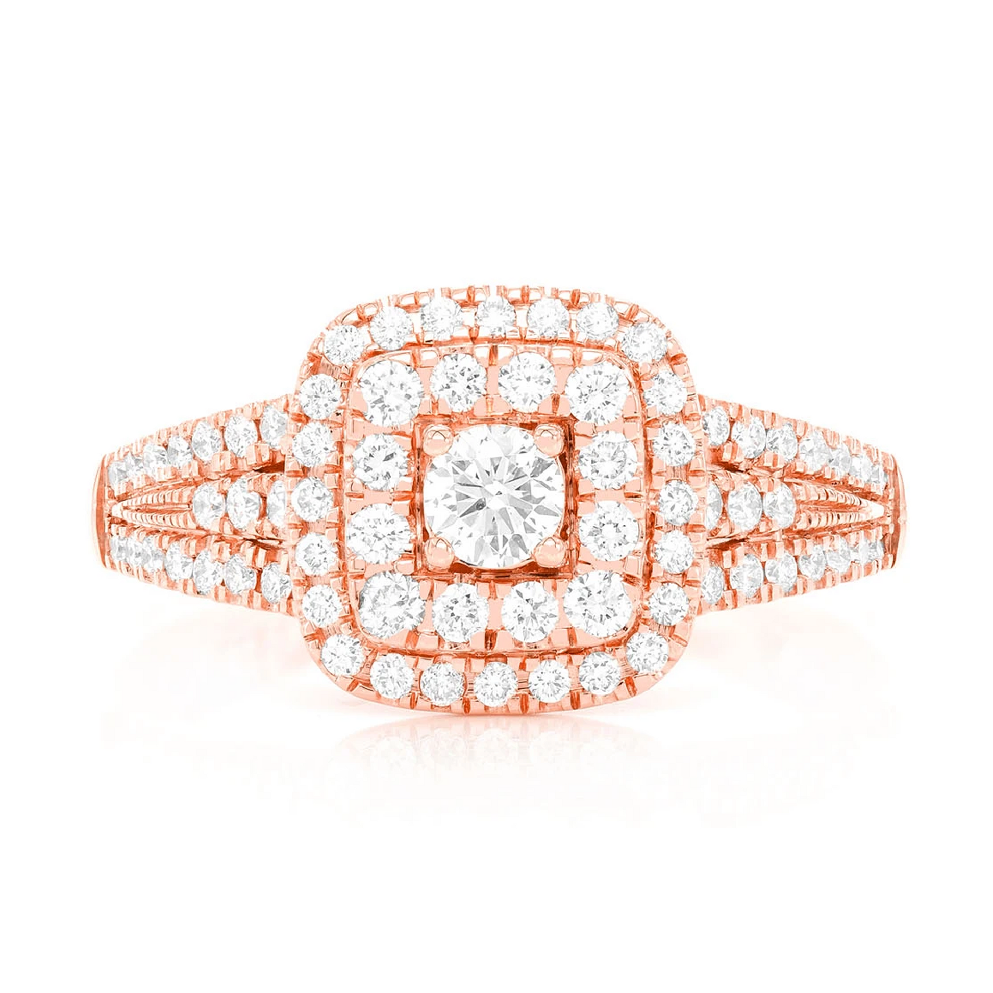 Classic Two Tier Cushion Halo Diamond Ring in 14K rose gold, front view