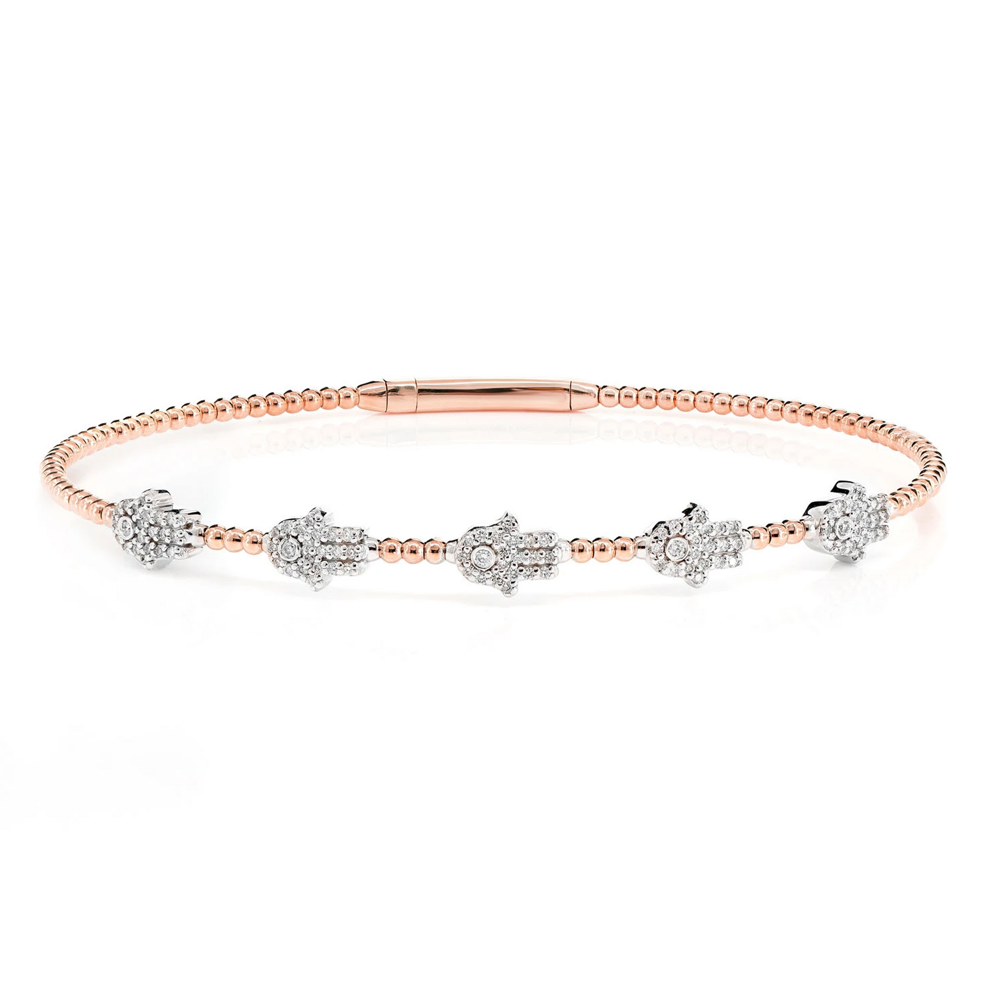 Beaded Hamsa Diamond Flex Bangle Bracelet in 14K rose gold, front view