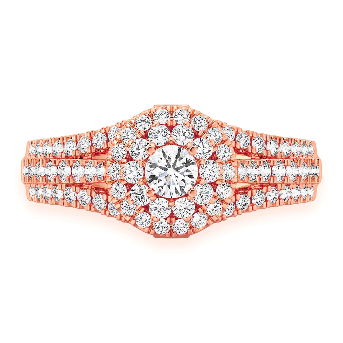Round Double Halo Diamond Ring in 14K rose gold, front view