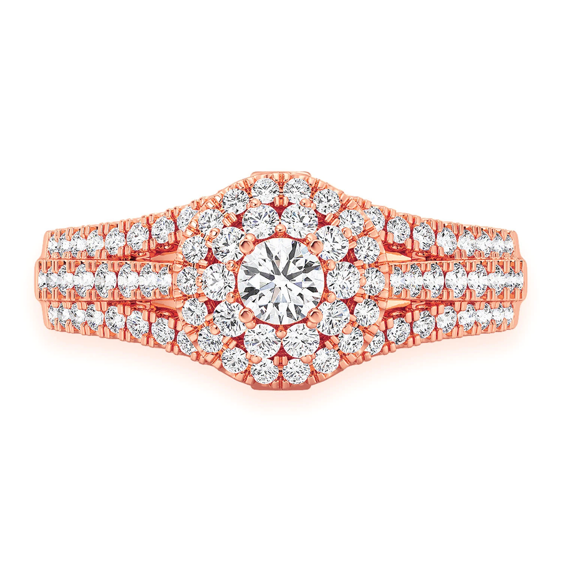 Round Double Halo Diamond Ring in 14K rose gold, front view