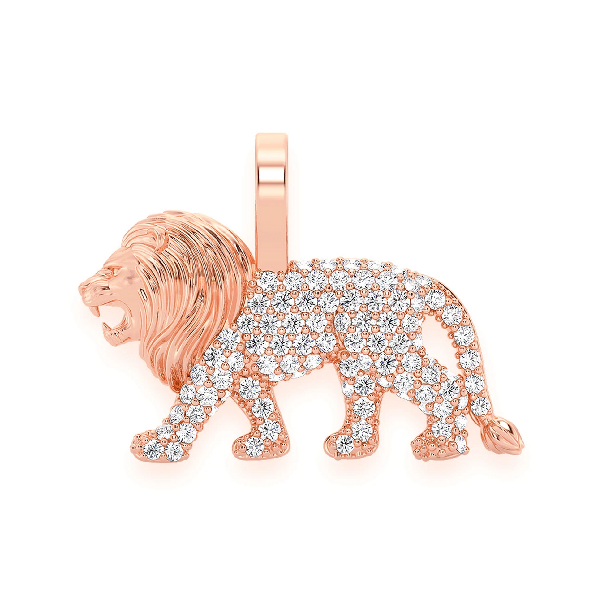 Walking Lion Diamond Pendant in 14K rose gold, front view