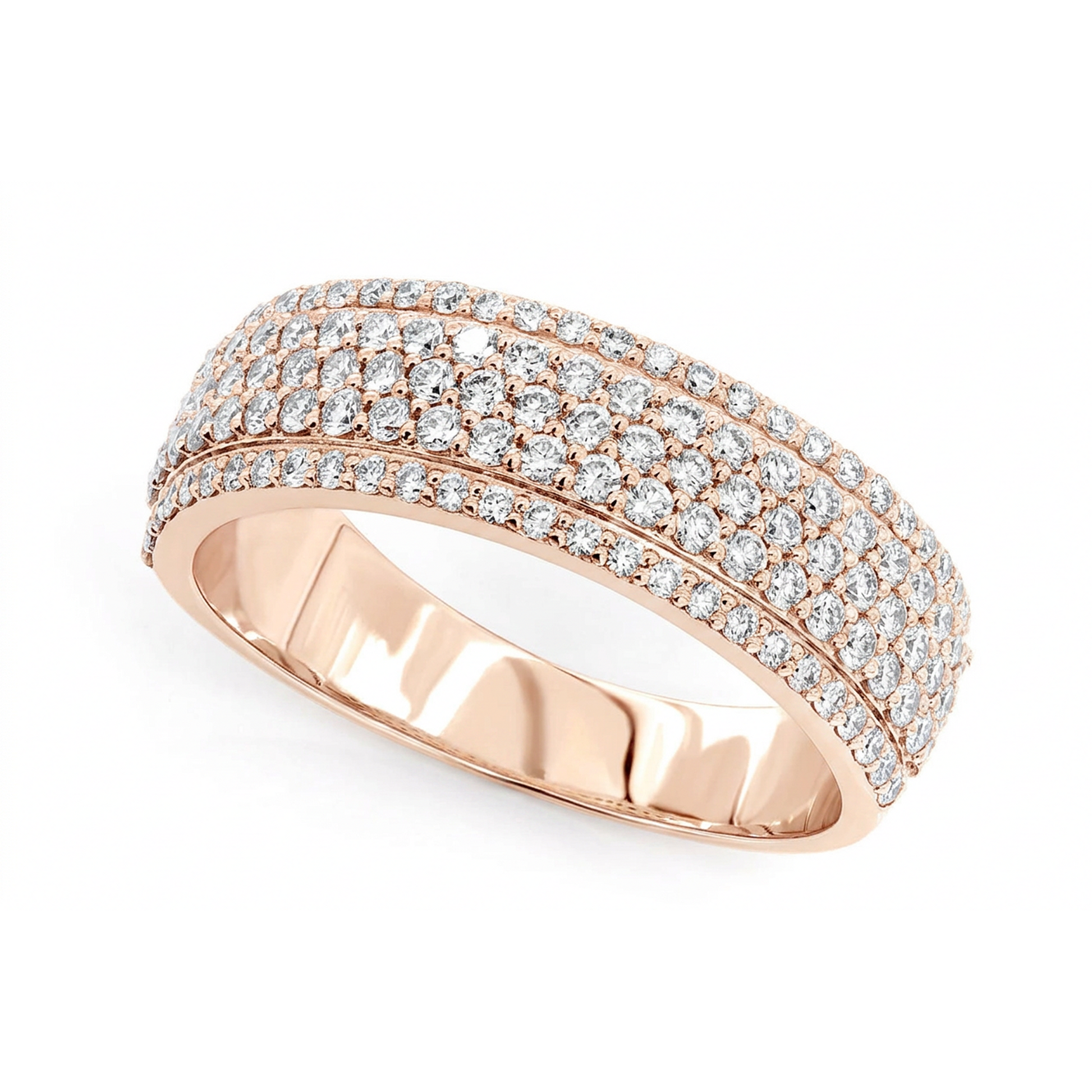 Multi Row Pavé Diamond Band in 14K rose gold, angled view