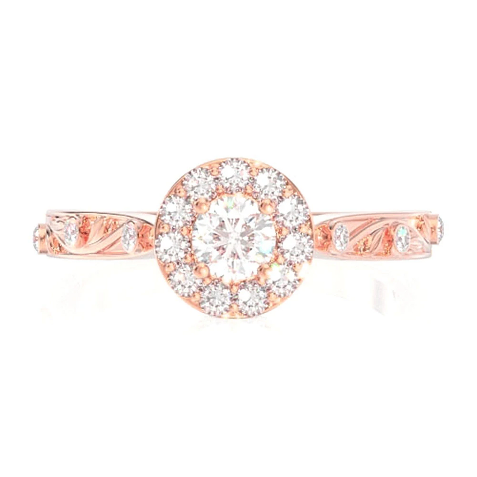 Halo Bezel Vine Diamond Ring in 14K rose gold, front view