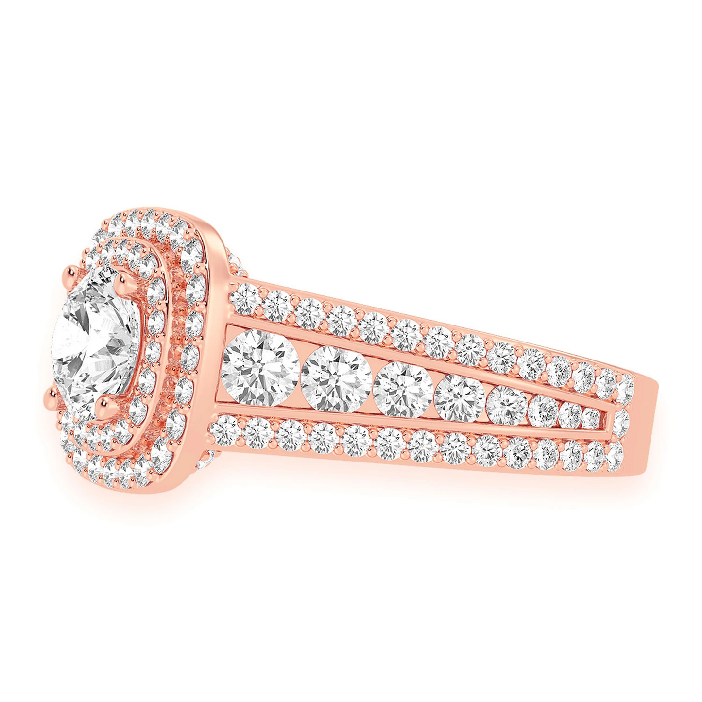 Fancy Three Row Double Halo Diamond Ring in 14K rose gold, detail view