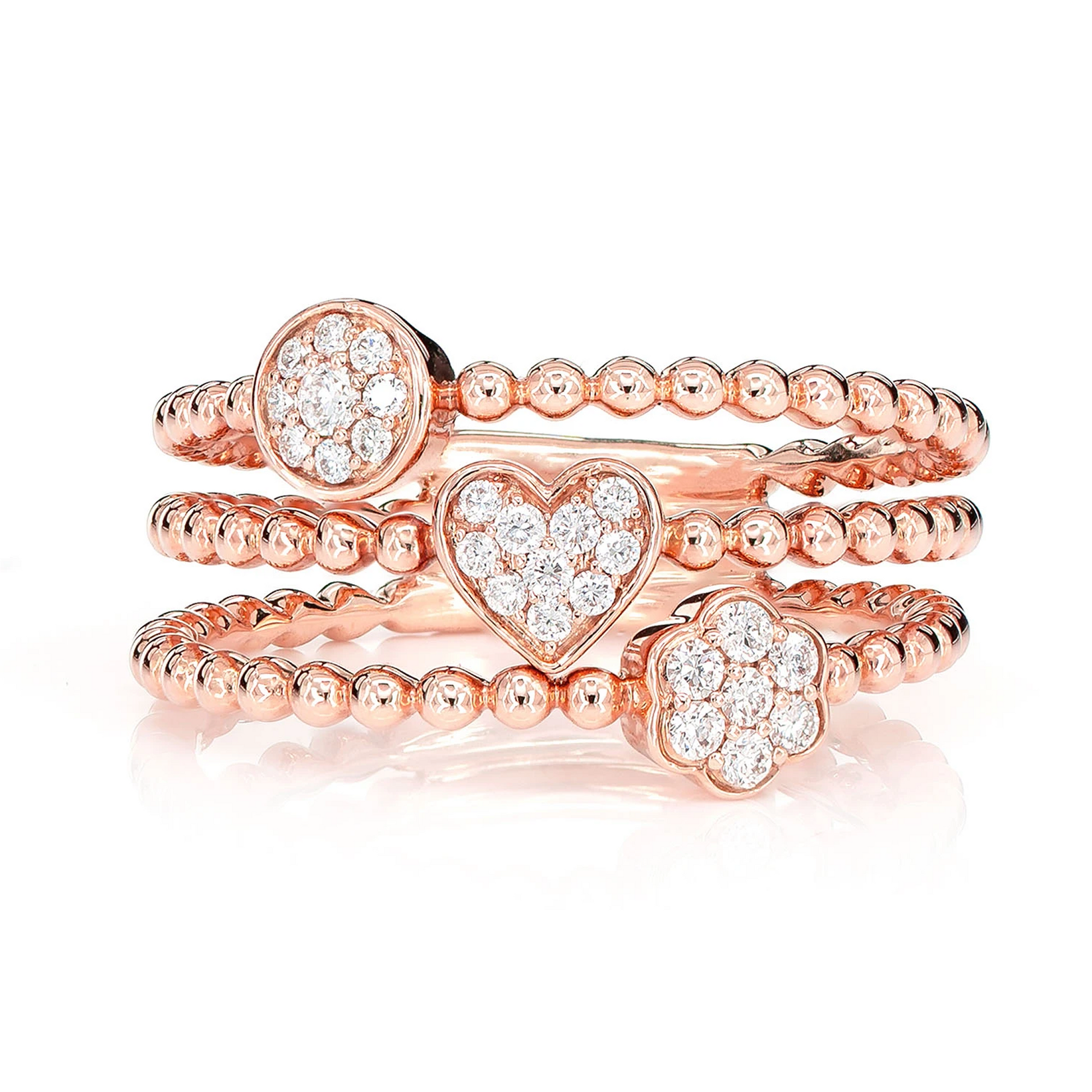 Three Row Beaded Diamond Ring in 14K rose gold, front view