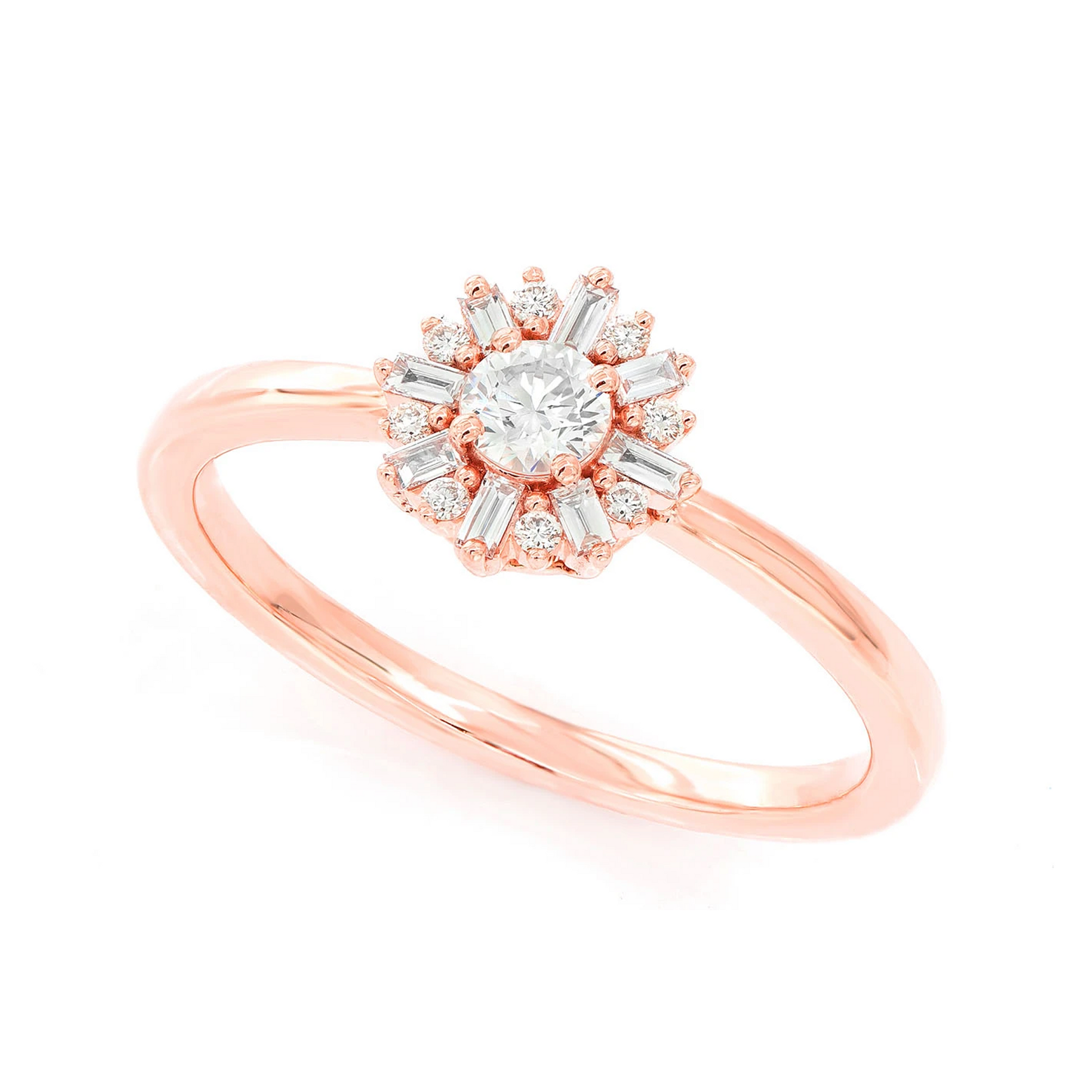 Round Floral Baguette Diamond Ring in 14K rose gold, angled view
