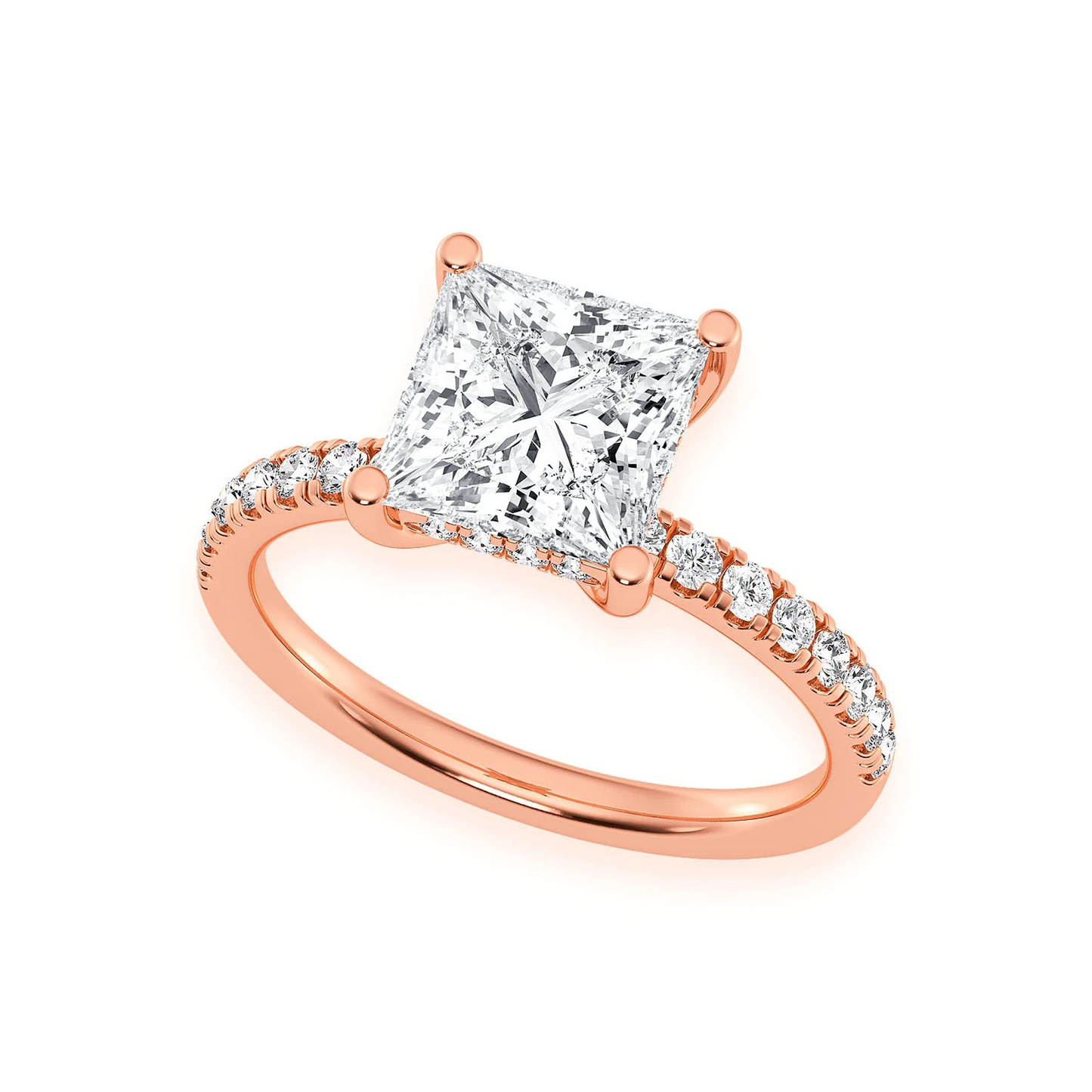 Princess Cut One Row Under Halo Ring in 14K rose gold, angled view