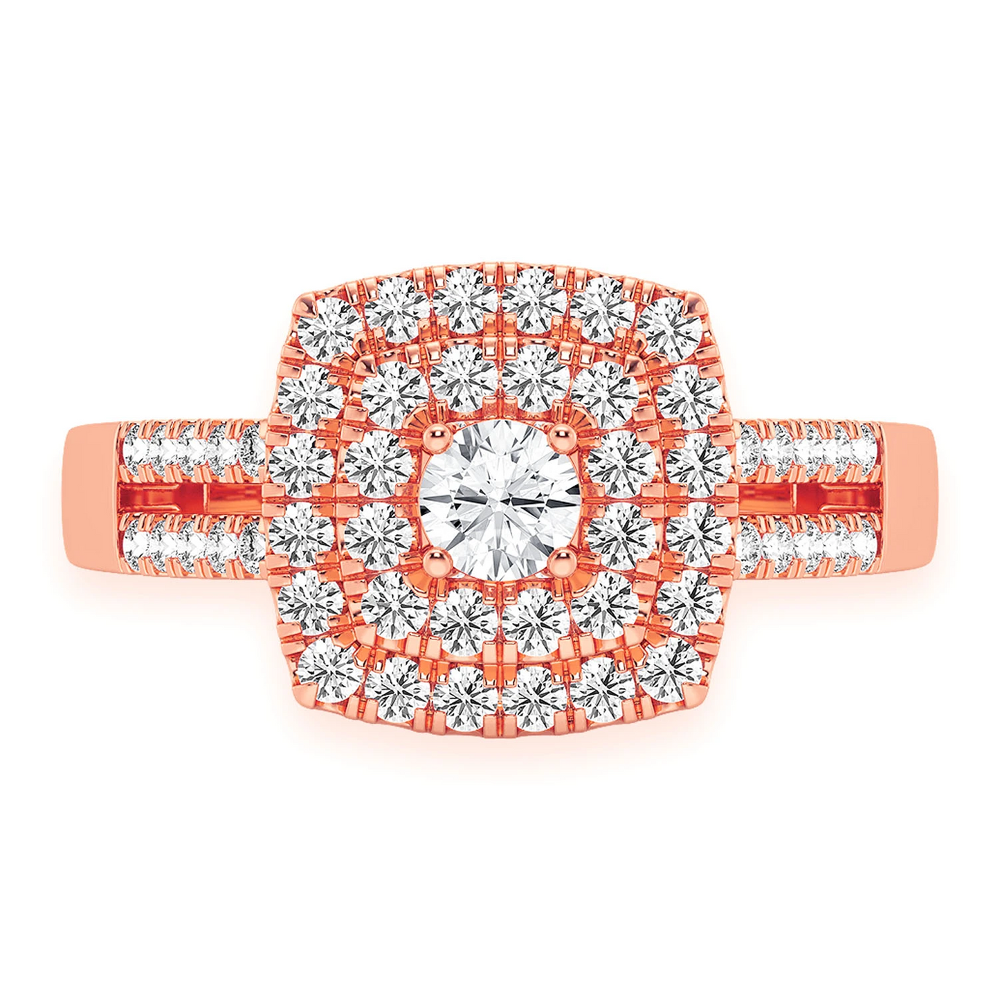 Princess Cut Double Halo Split Shank Ring in 14K rose gold, front view