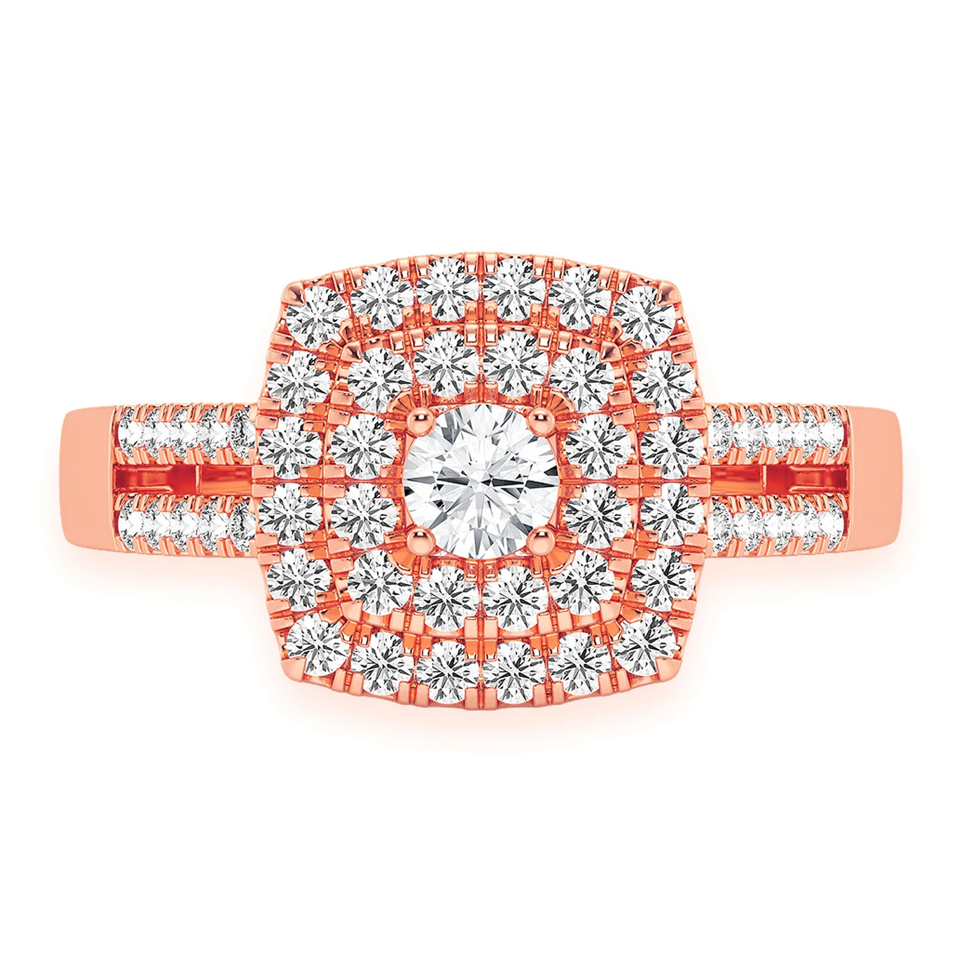 Princess Cut Double Halo Split Shank Ring in 14K rose gold, front view