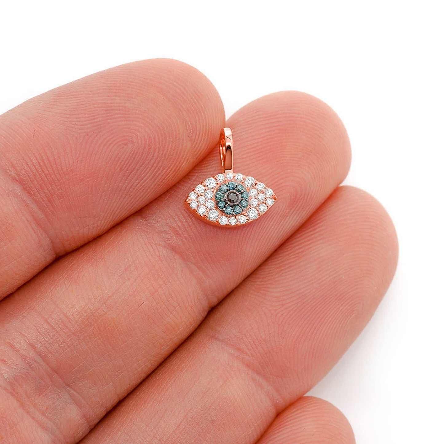 Evil Eye Diamond Pendant in 14K rose gold, angled view