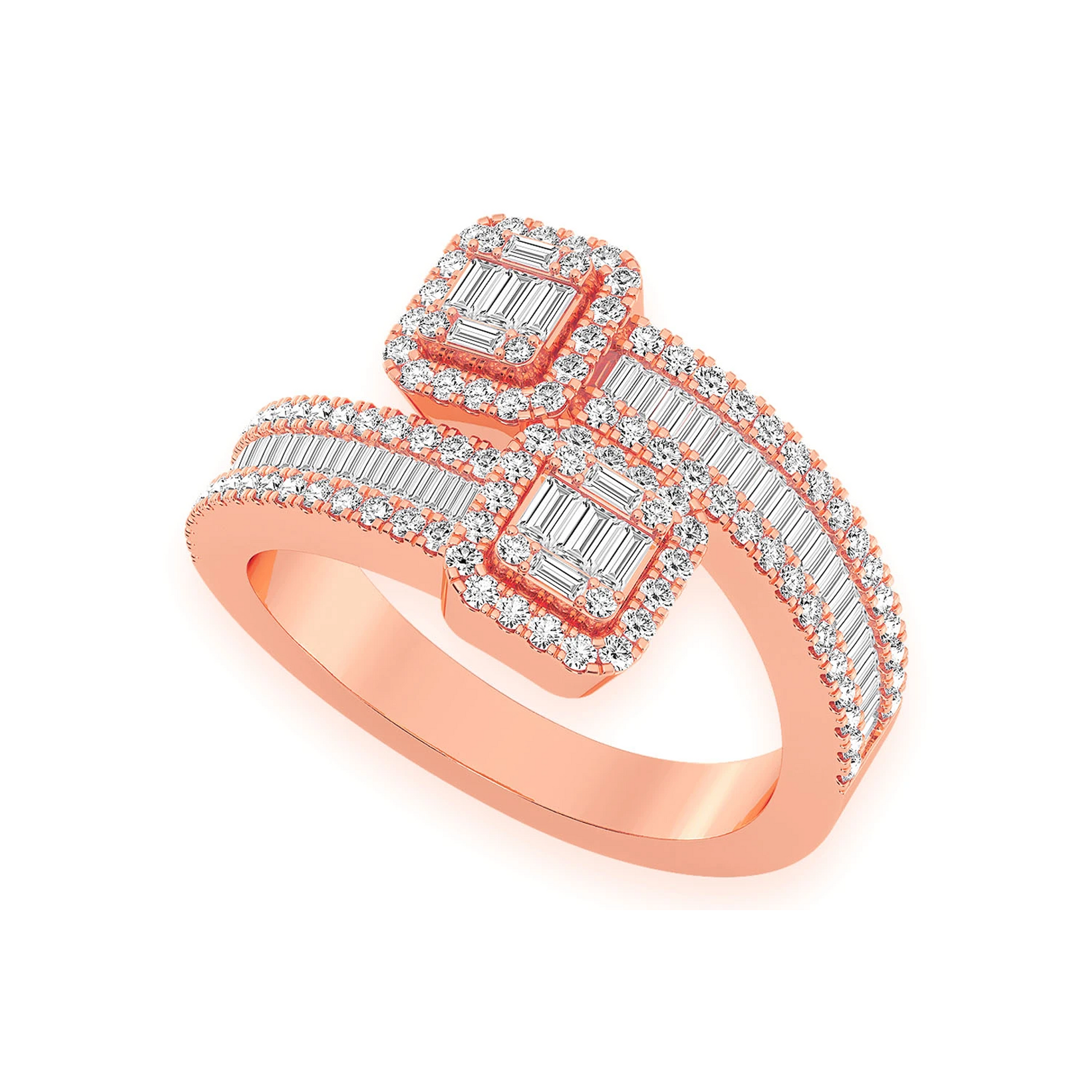 Border Baguette Crossover Diamond Ring in 14K rose gold, angled view