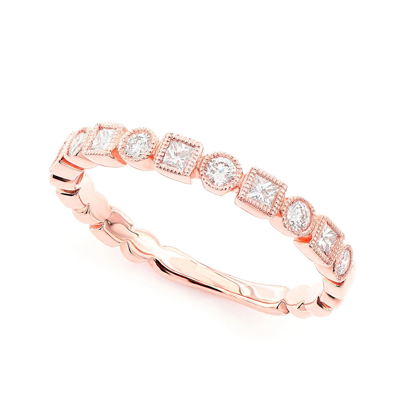Milgrain Circle & Square Diamond Ring in 14K rose gold, angled view