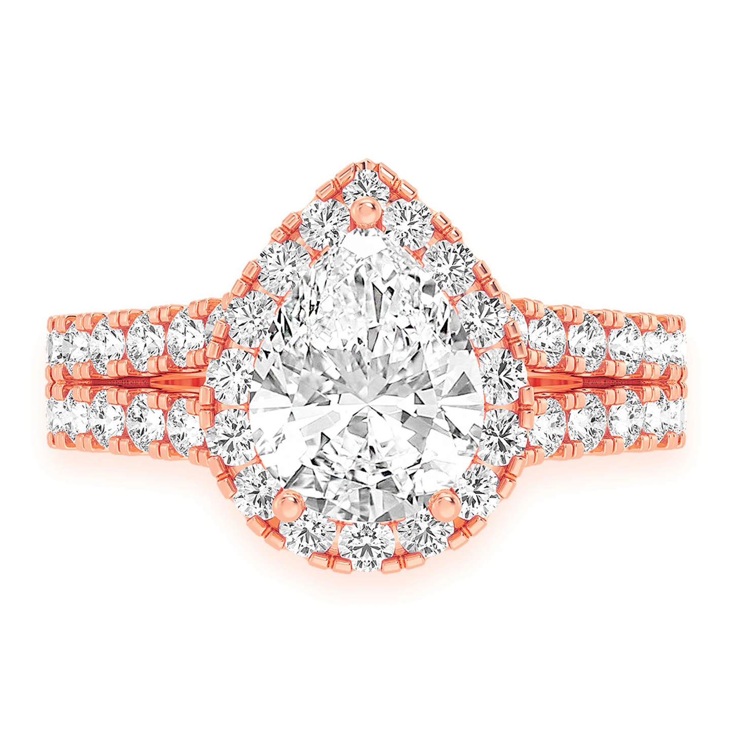 Classic Pear Solitaire Two Row Split Scallop Ring in 14K rose gold, front view