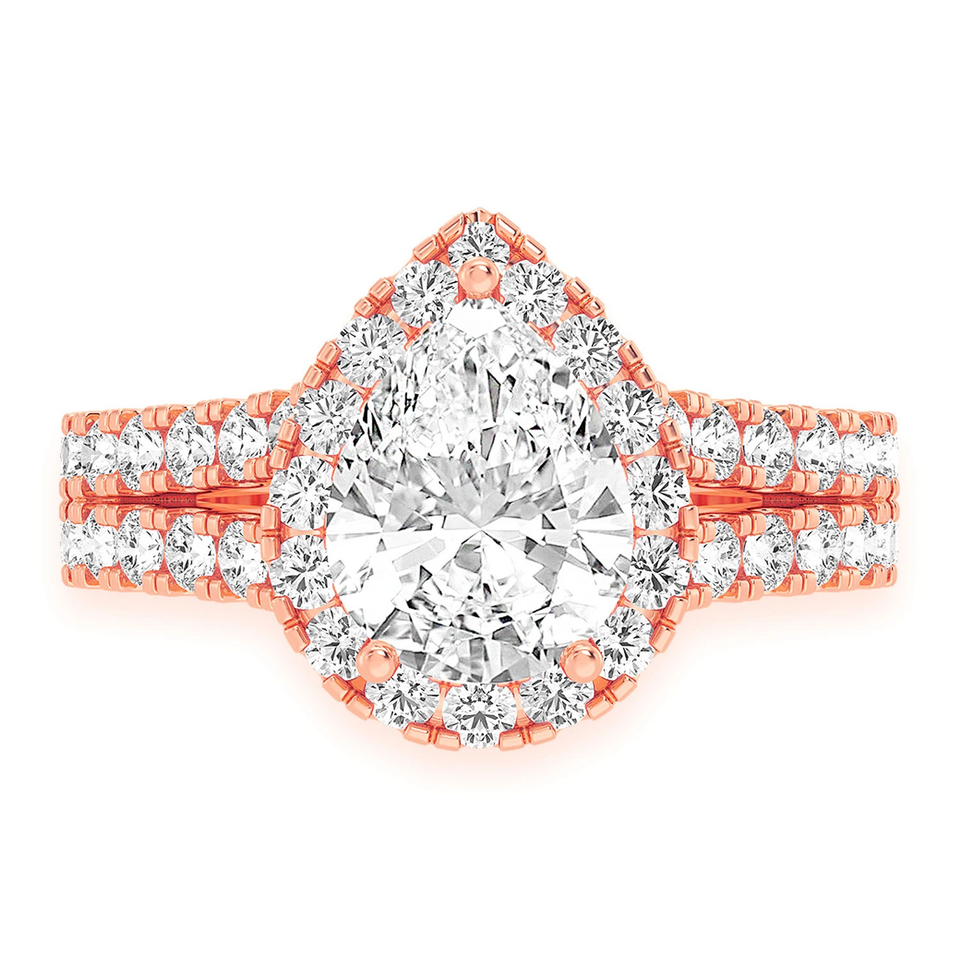 Classic Pear Solitaire Two Row Split Scallop Ring in 14K rose gold, front view