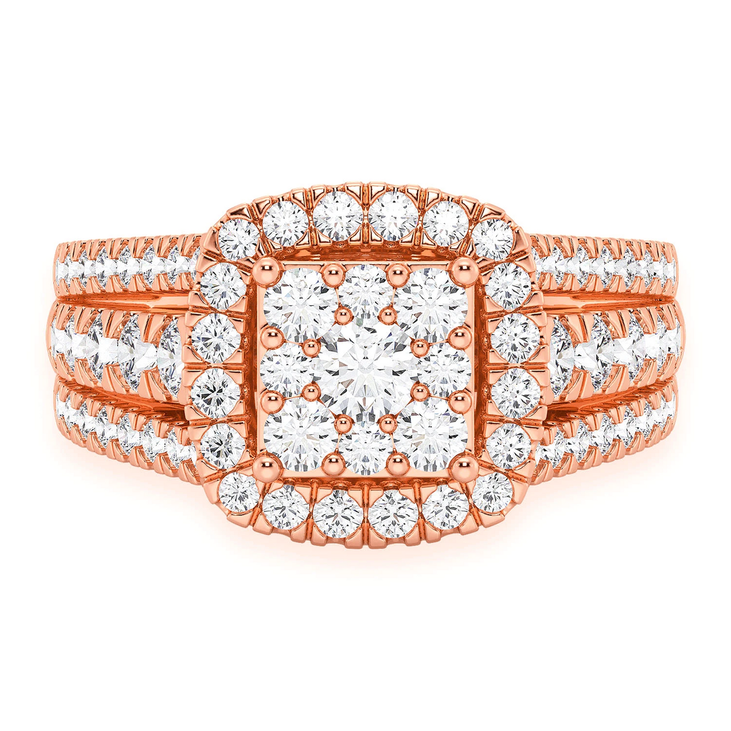 Three Row Cluster Halo Diamond Ring in 14K rose gold, front view