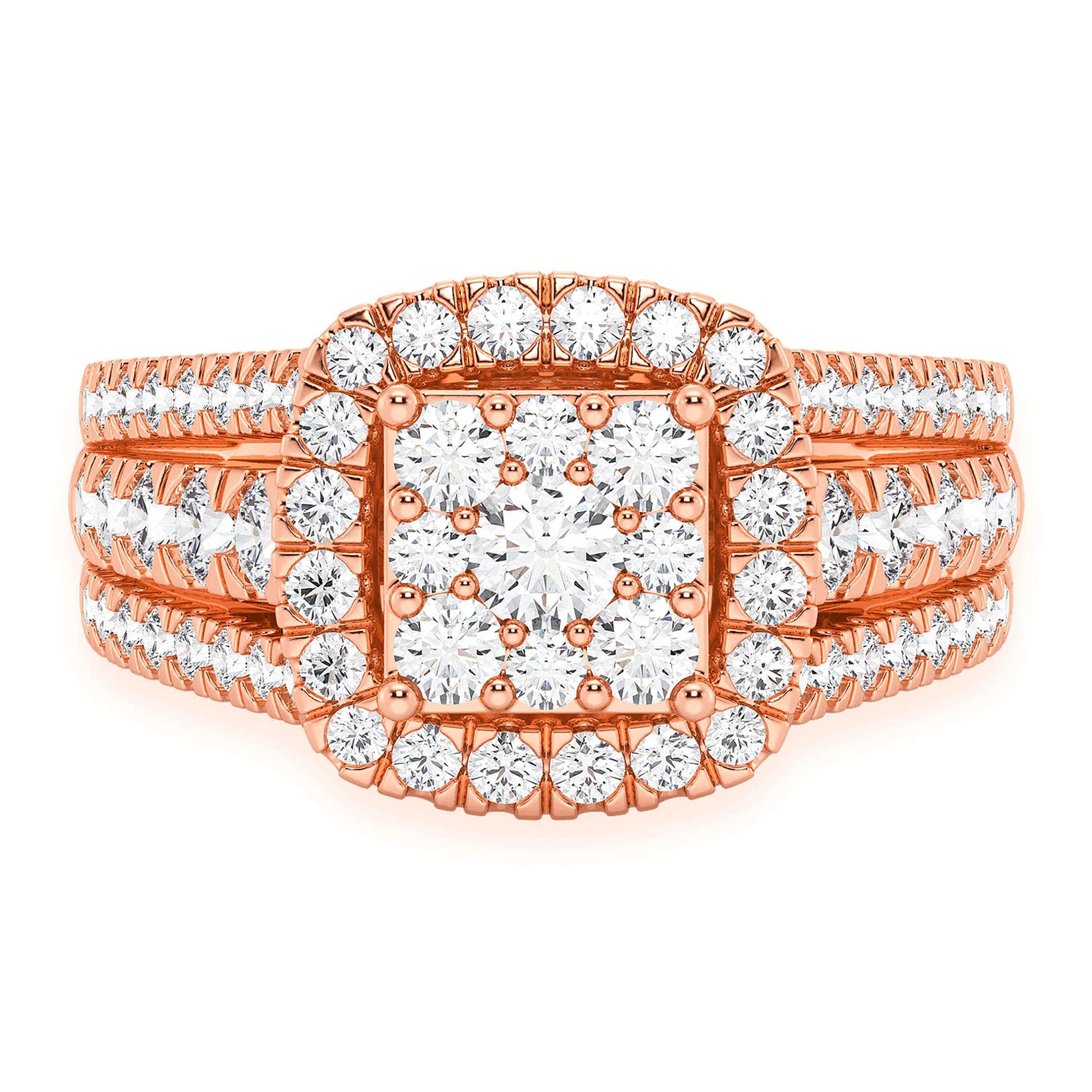 Three Row Cluster Halo Diamond Ring in 14K rose gold, front view