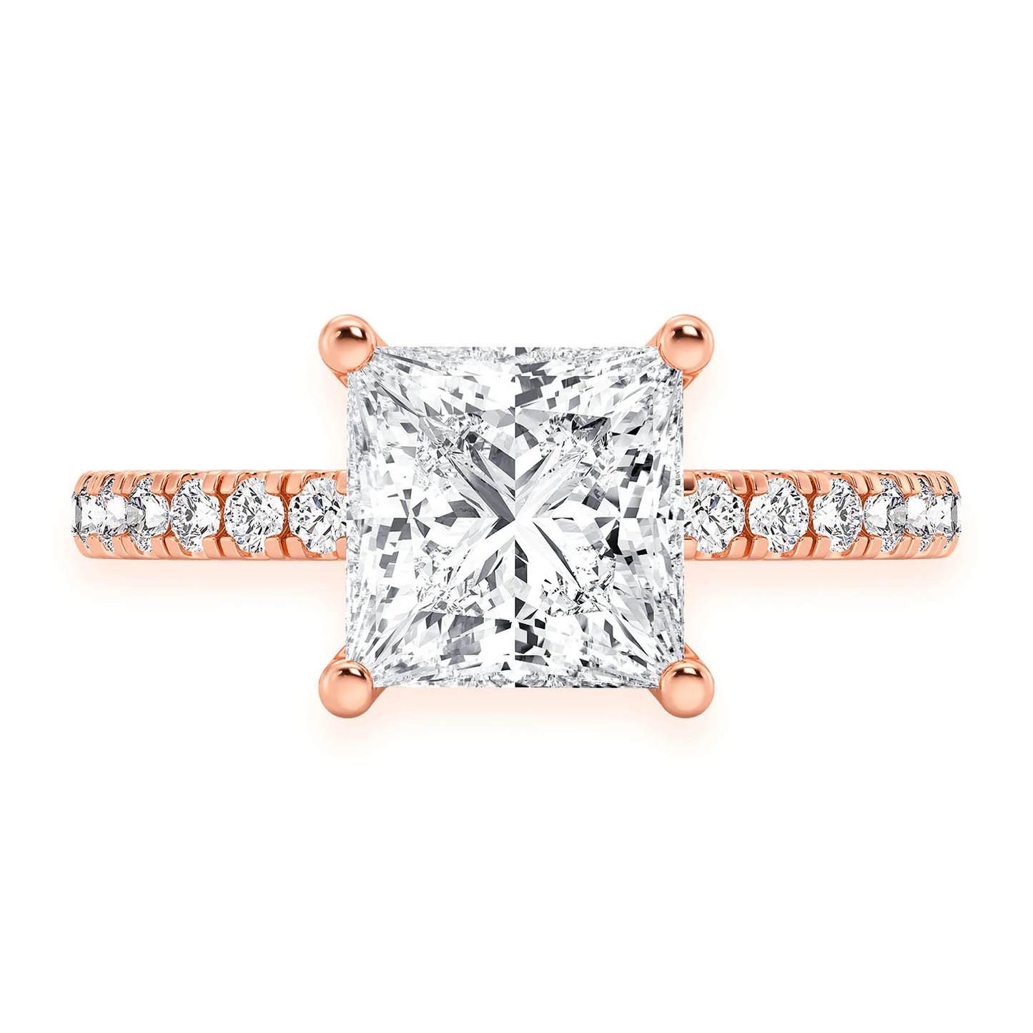 Princess Cut One Row Under Halo Ring in 14K rose gold, front view