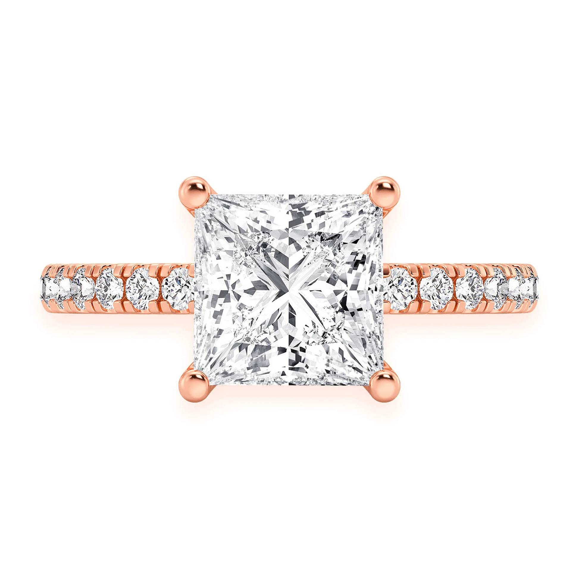 Princess Cut One Row Under Halo Ring in 14K rose gold, front view