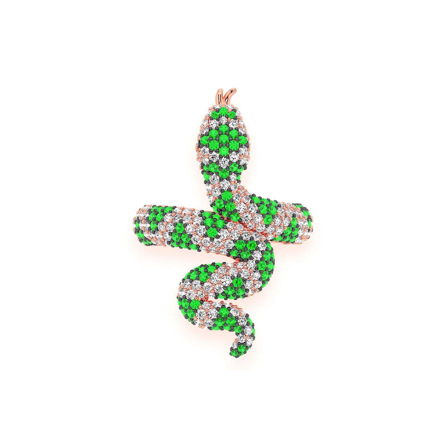 Snake Diamond Ring in 14K rose gold, Emerald, front view