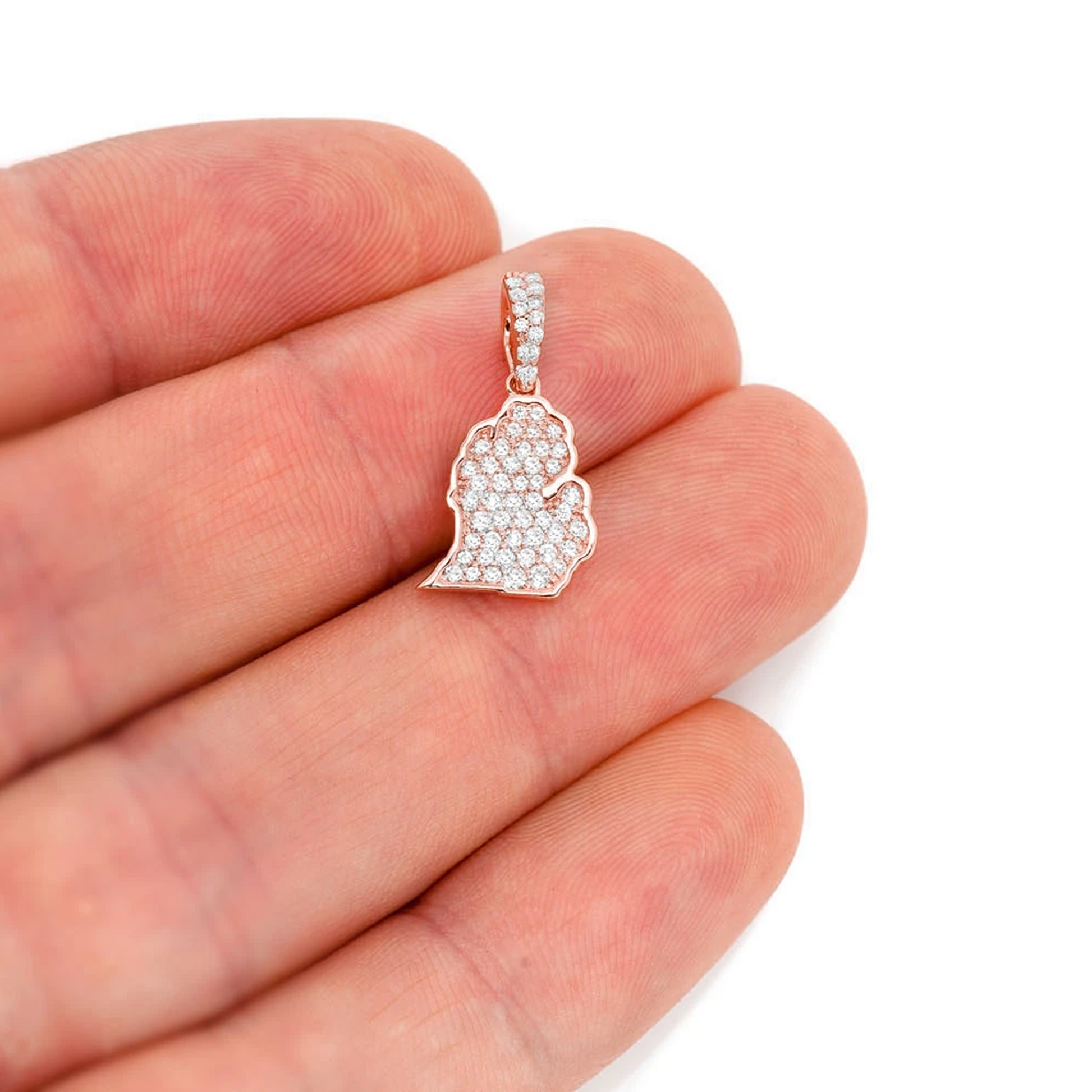 US State Diamond Pendant in 14K rose gold, Michigan design, angled view