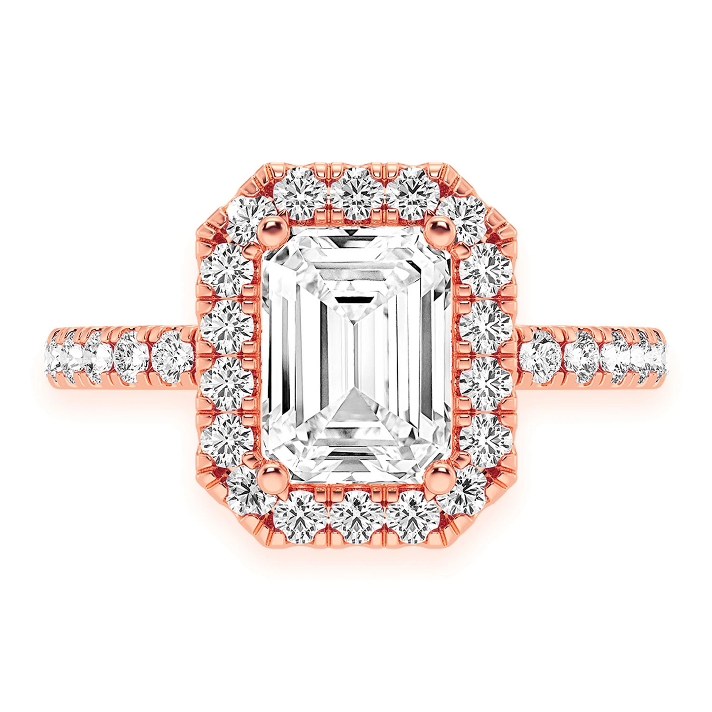 3ct Emerald Cut Split Shank Halo Diamond Engagement Ring in 14K rose gold, front view