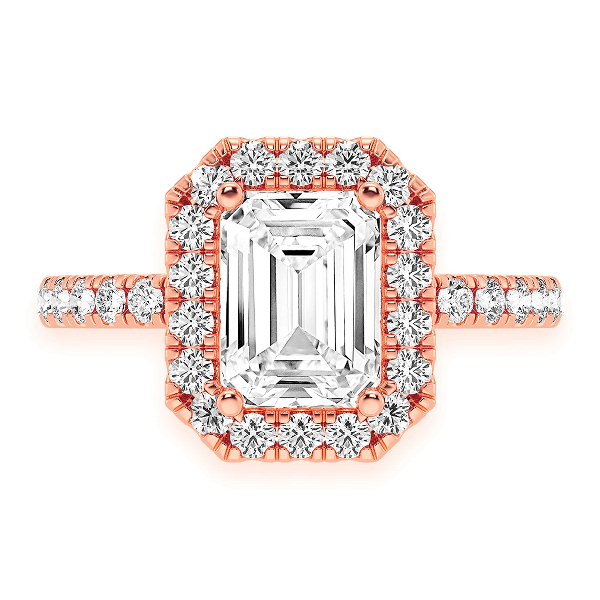 3ct Emerald Cut Split Shank Halo Diamond Engagement Ring in 14K rose gold, front view