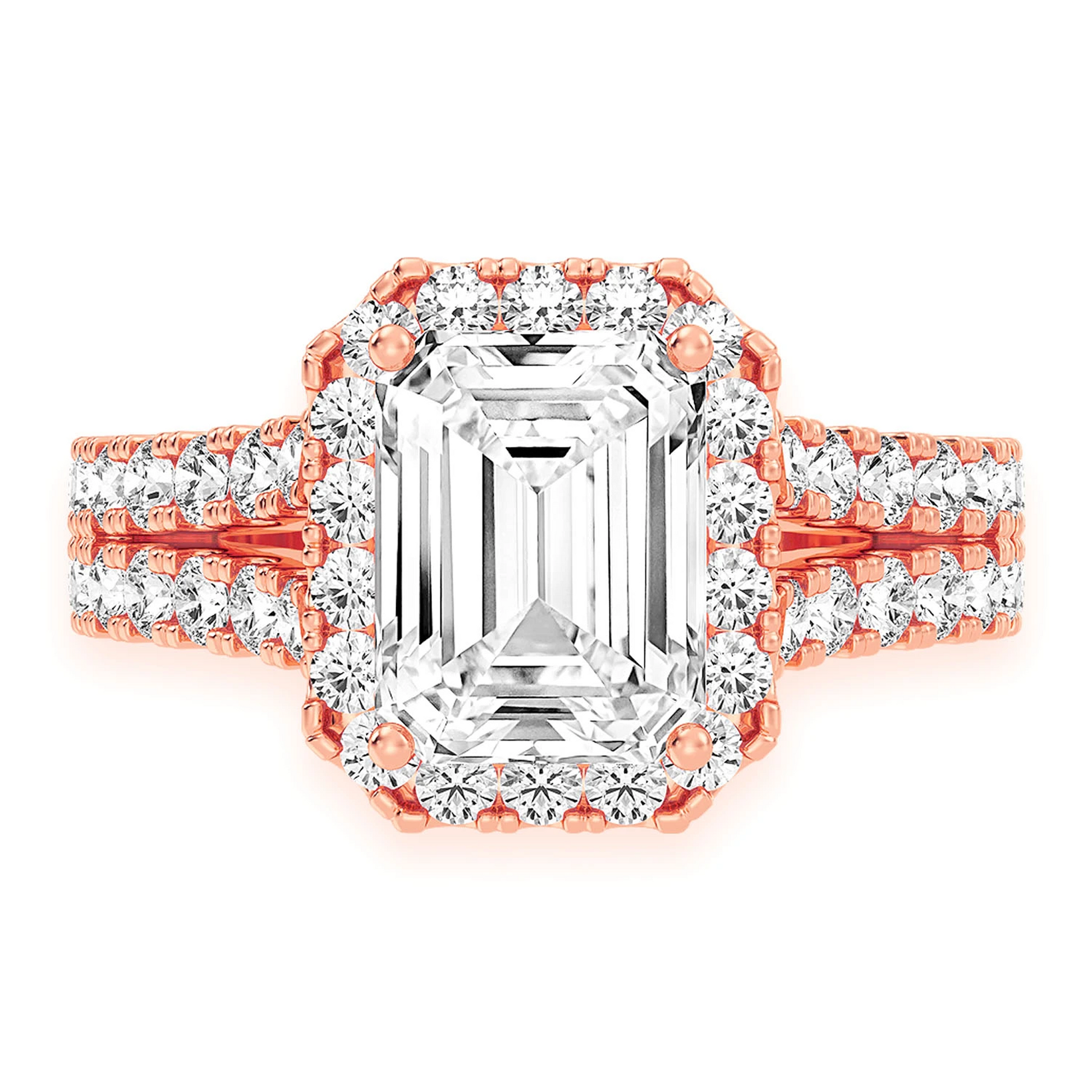 Sphinx Emerald Halo Ring in 14K rose gold, front view