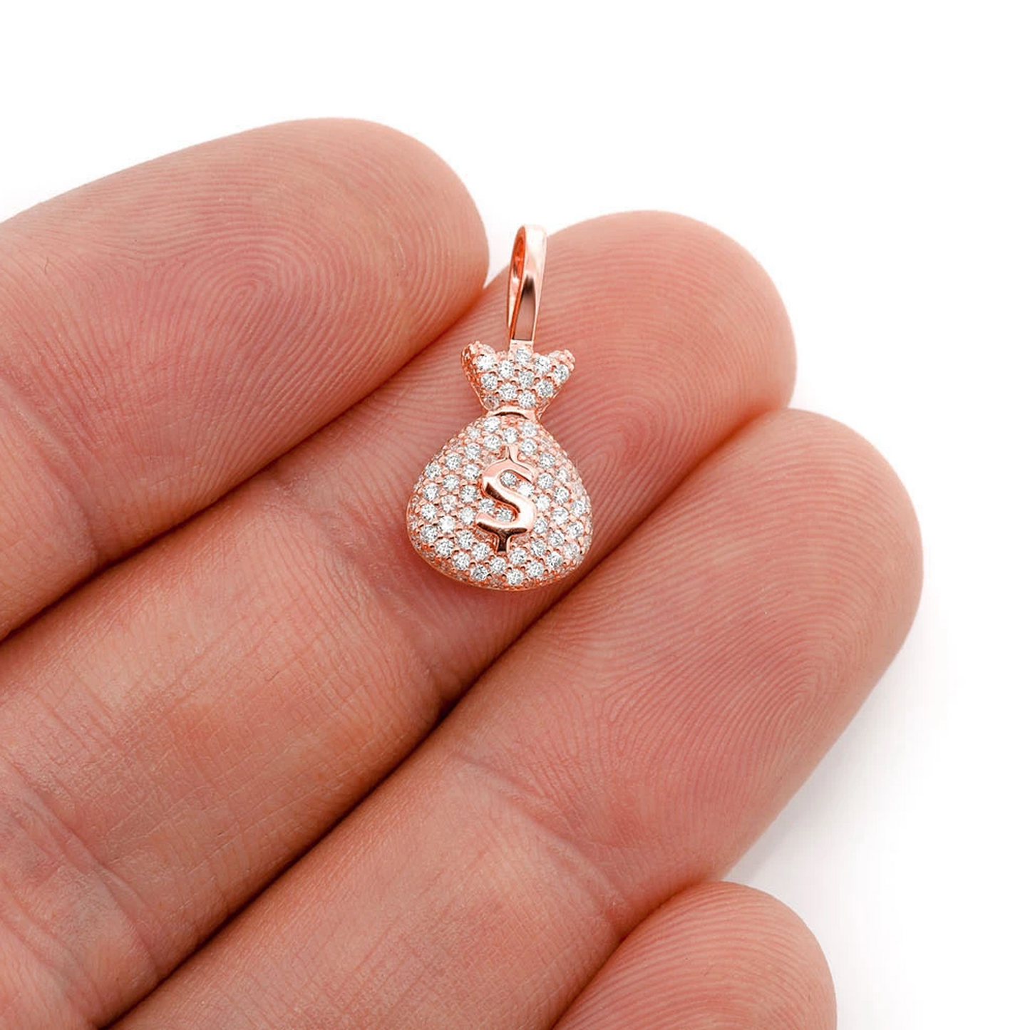 Pavé Money Bag Pendant in 14K rose gold, Signature | 0.33ctw, angled view