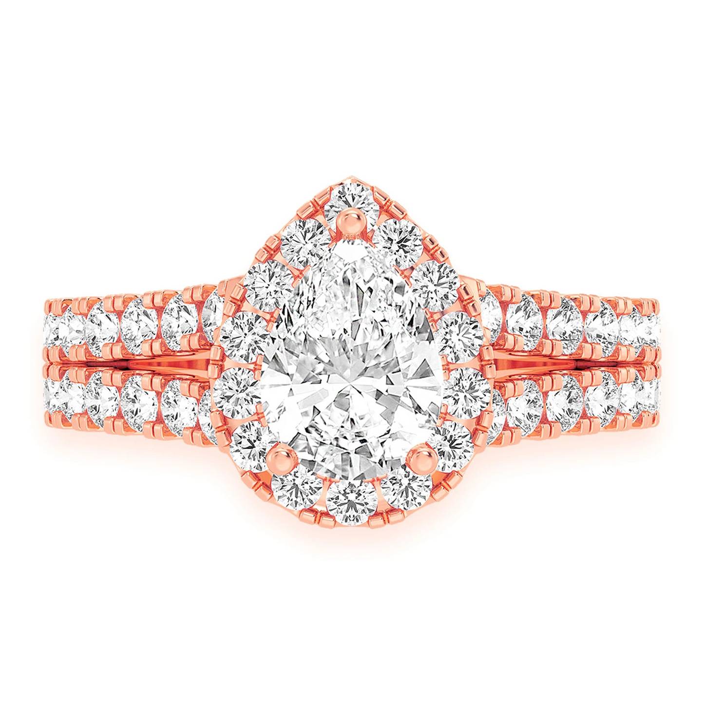 Pear Solitaire Two Row Split Scallop Ring in 14K rose gold, front view