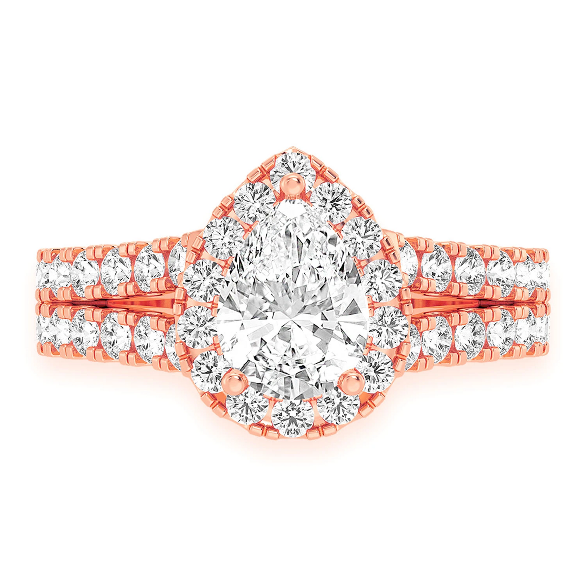 Pear Solitaire Two Row Split Scallop Ring in 14K rose gold, front view